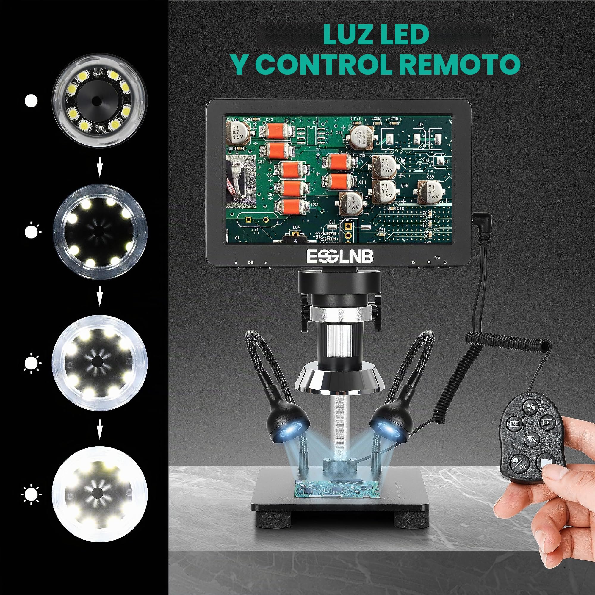 ESSLNB Microscopio Digital 7" LCD Microscopio Electronico 1080FHD Imagen con 32G Tarjeta Control Remoto 8 Luces LED Ajustables&2 Luces de Relleno Soporte de Metal Batería de Litio Recargable