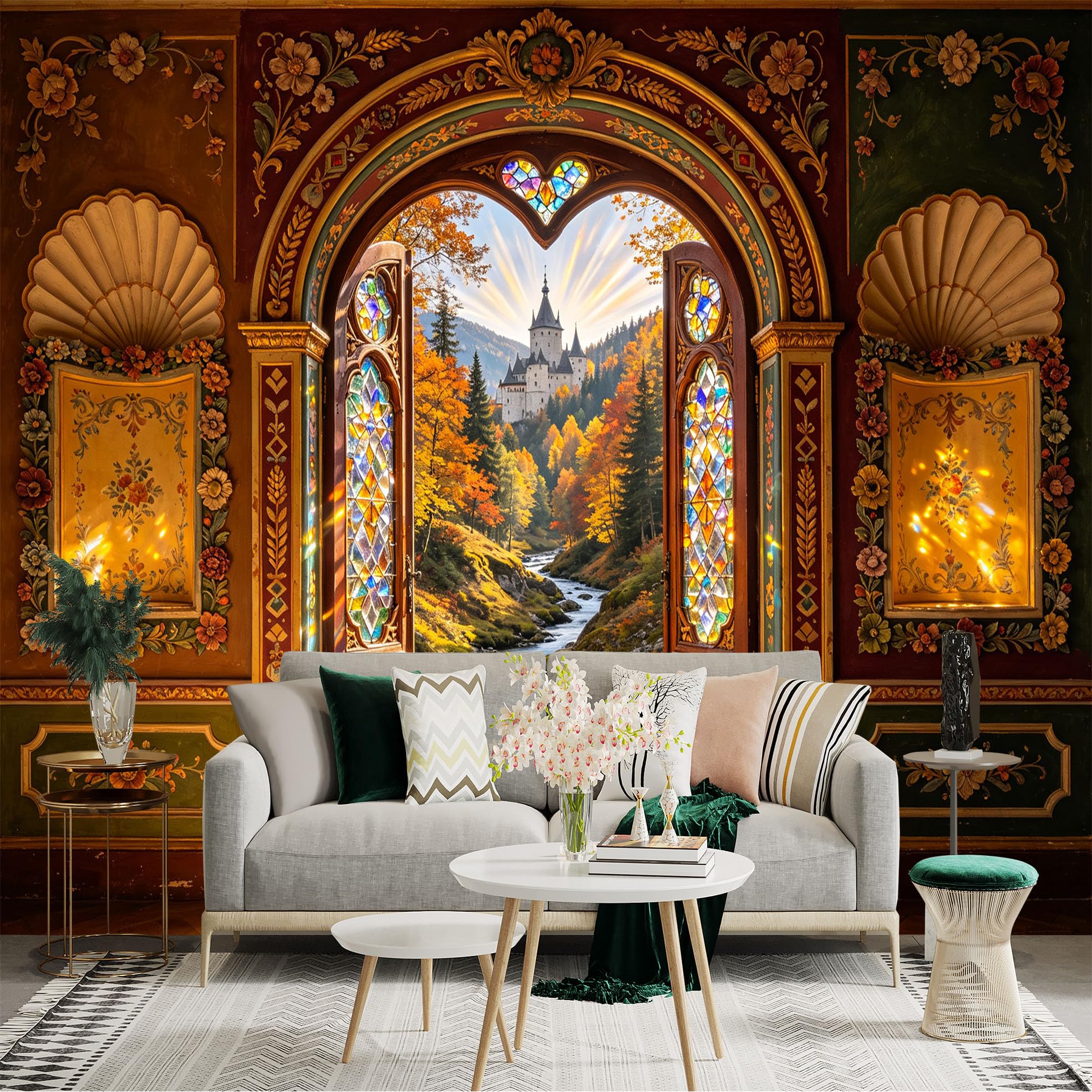 Custom Size Wall Sticker Mural， Vintage Castle Landscape， Stained Glass Archway， Autumn Forest River， for wall Decoration， peelandstick wall Decals.