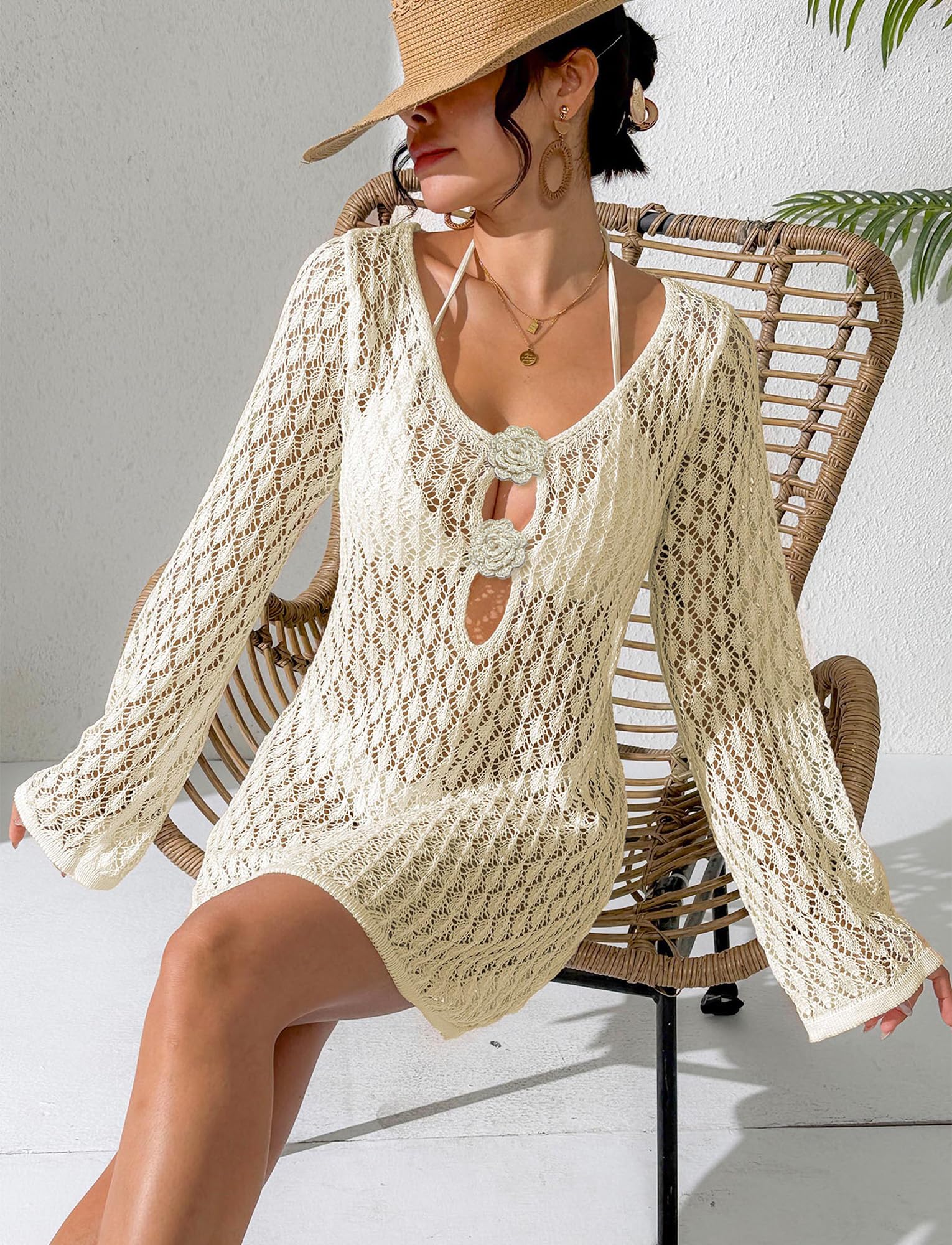 FEOYA Abito da spiaggia da donna lavorato a maglia, bikini copertura Up uncinetto poncho da spiaggia Crochet Mini Dress Pareos Beachwear