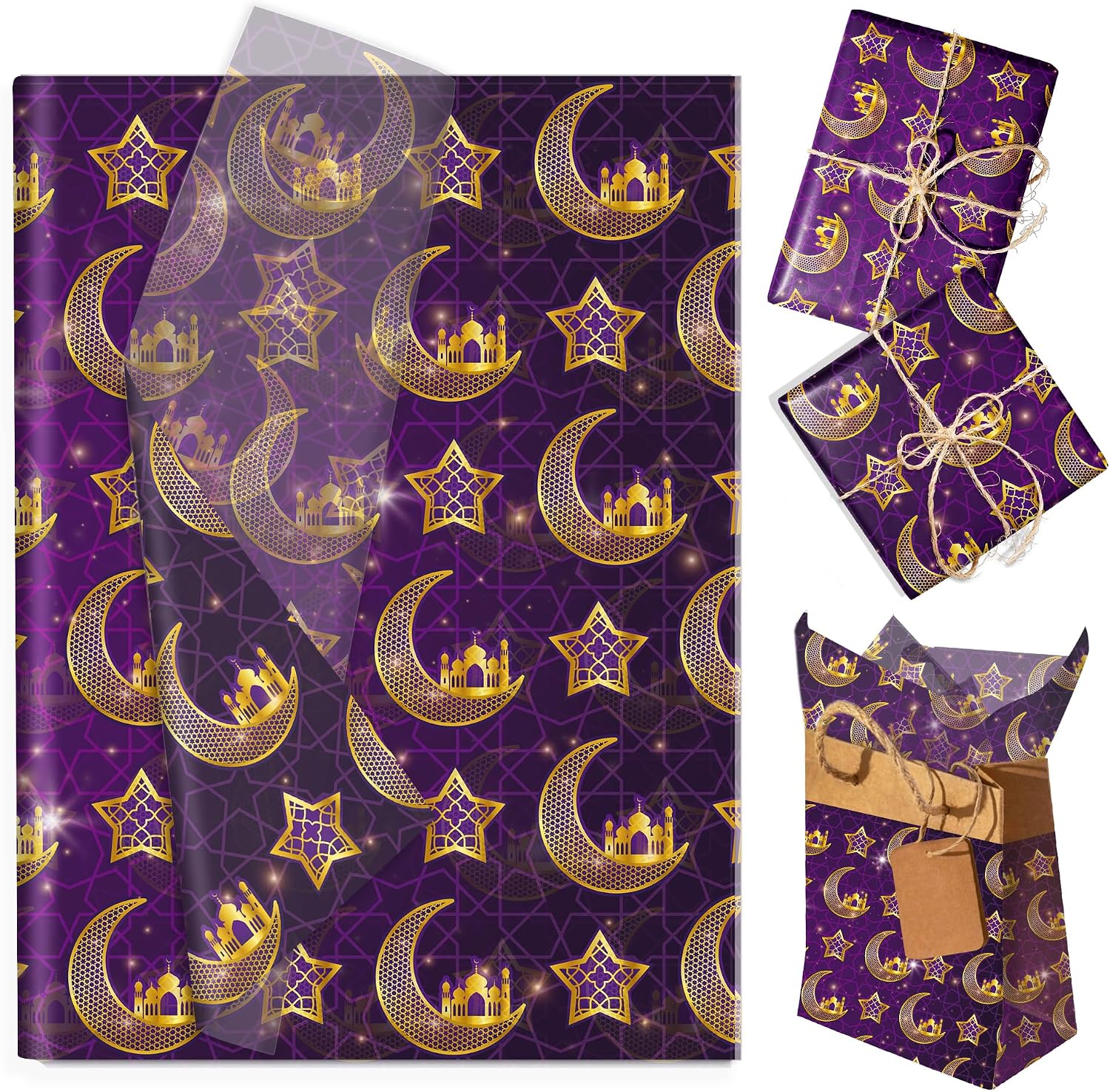 100 Sheets Ramadan Eid Al-fitr Tissue Paper Green and Purple Gold Moon Star Patterns Wrapping Tissue DIY Crafts for Ramadan Theme Party Decoration Paper Supplies