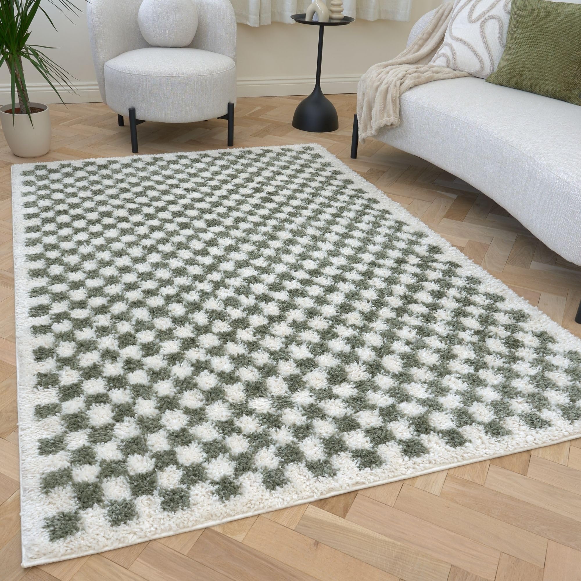 THE RUGS Moodi Chequered Shaggy Soft High Pile Living Room Rug & Runner in Green | Size: 200cm x 290cm