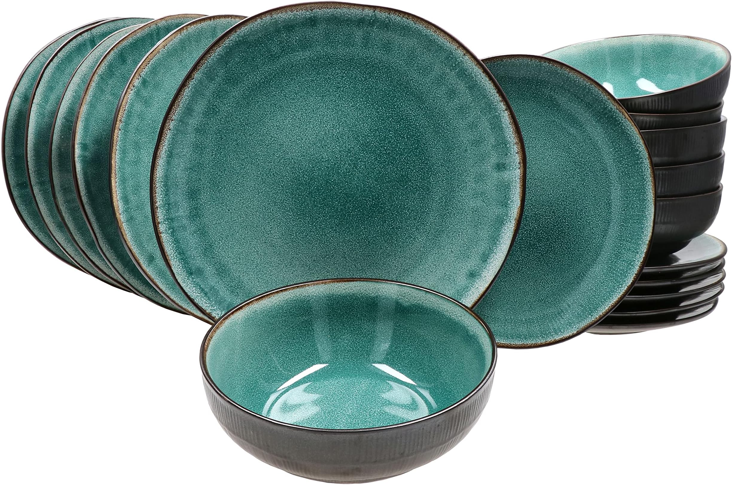 Lot De 6 Assiettes Creuses Vertes MamboCat - Faïence Peinte à La Main, Style Campagnard Spirale, 21,5 Cm