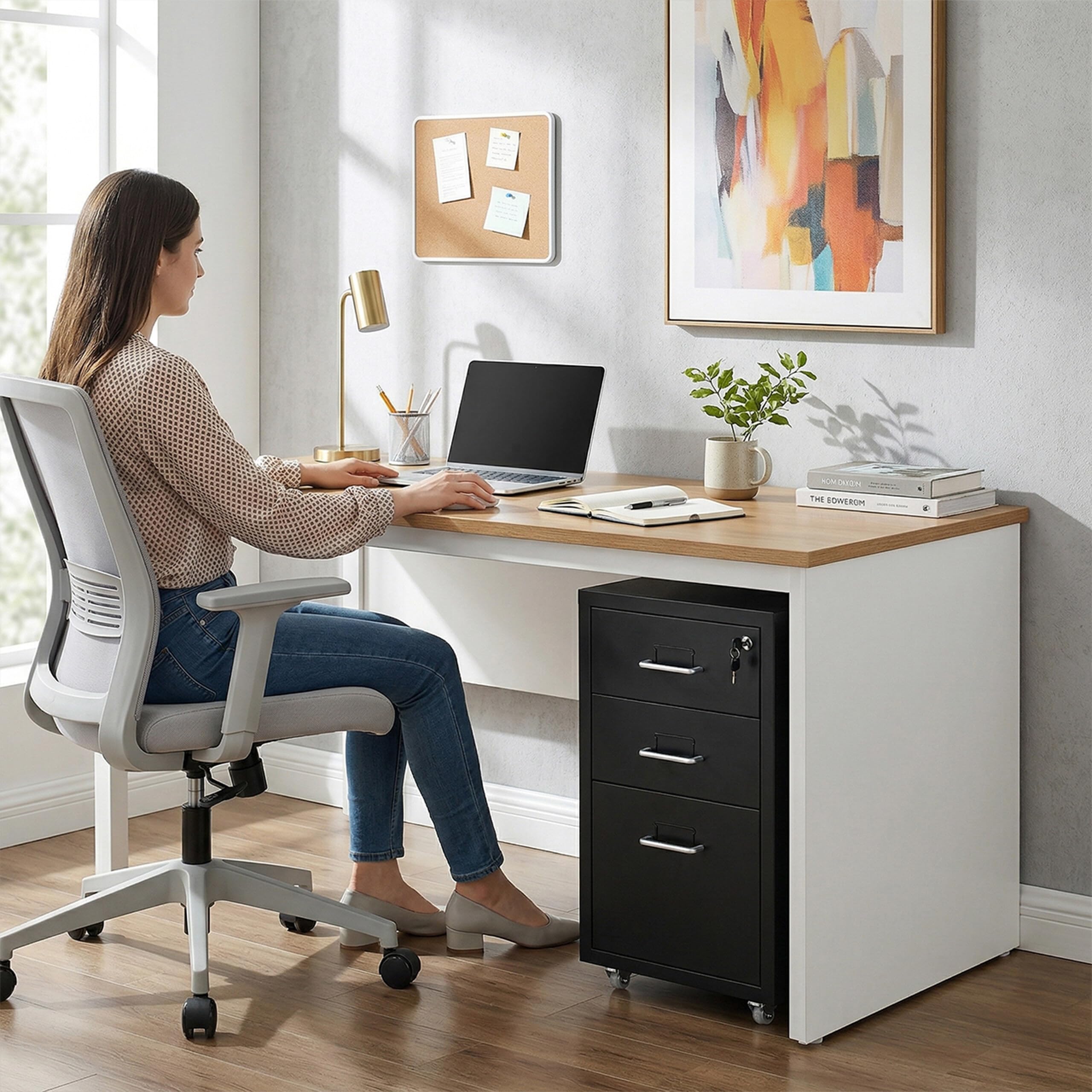 Relaxdays Caisson à roulettes verrouillable en métal, 3 tiroirs, 45,5 x 28 x 41 cm, Noir, Bureau, Charge 31 kg