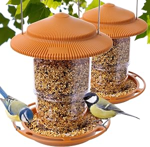 Outdoor Bird Feeder, Retractable Bird Feeder Hanging, Metal Hanger, Rainproof & Leak-Proof, Terracotta, Pack of 2