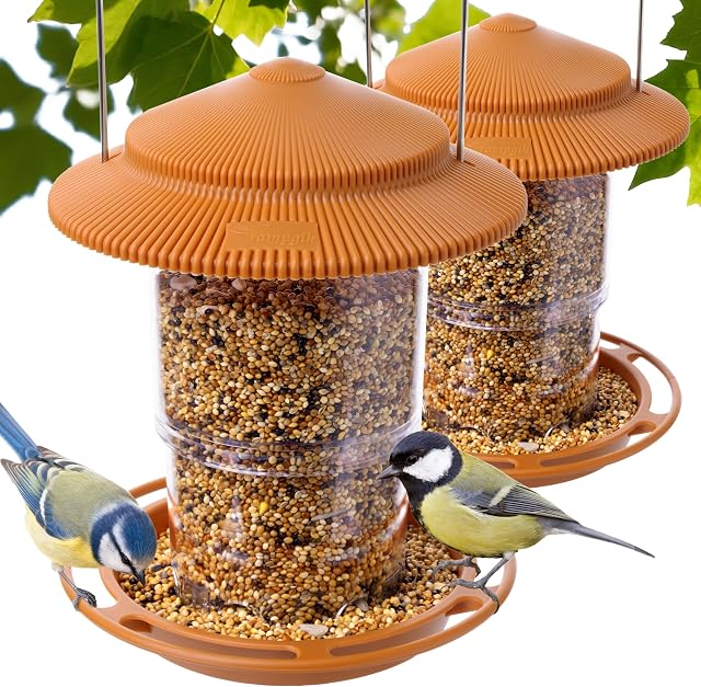 Outdoor Bird Feeder, Retractable Bird Feeder Hanging, Metal Hanger, Rainproof & Leak-Proof, Terracotta, Pack of 2