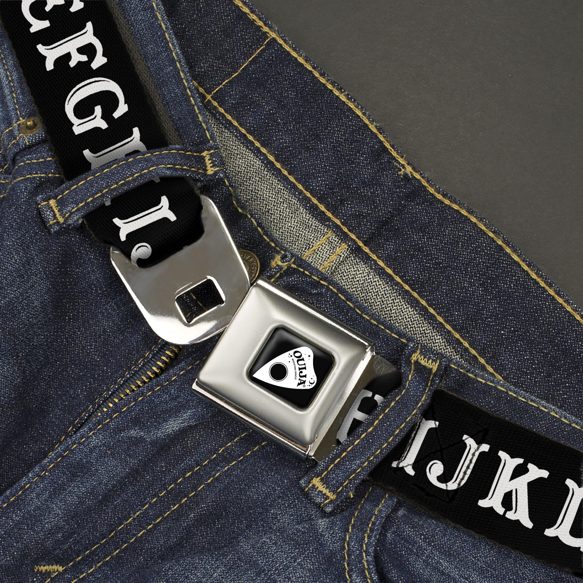 Ouija Board Belt, Seatbelt Buckle, Ouija Board Letters and Elements Black White