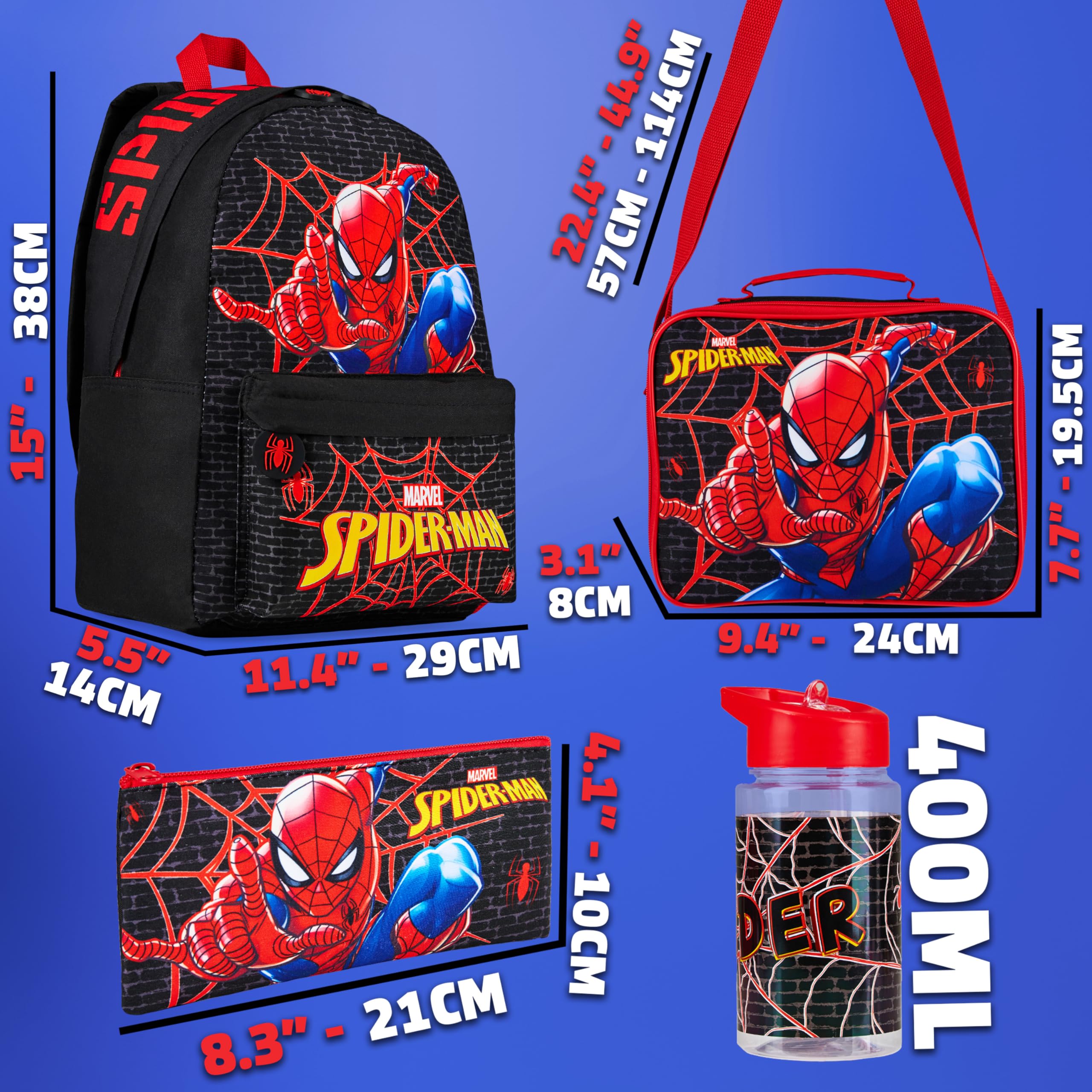 Marvel Spiderman Mochila Escolar Set de 4 Piezas con Botella Agua Estuche Niño Bolsa Almuerzo Superheroes Material Escolar