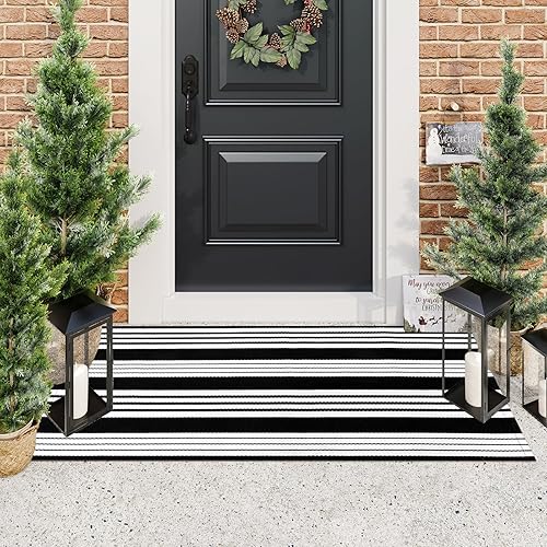 Vista 29 de Alfombra de exterior a rayas blancas y negras, 3 x 5 pies, de algodón, moderna, tejida a mano, reversible, alfombra de patio lavable en capas para 1