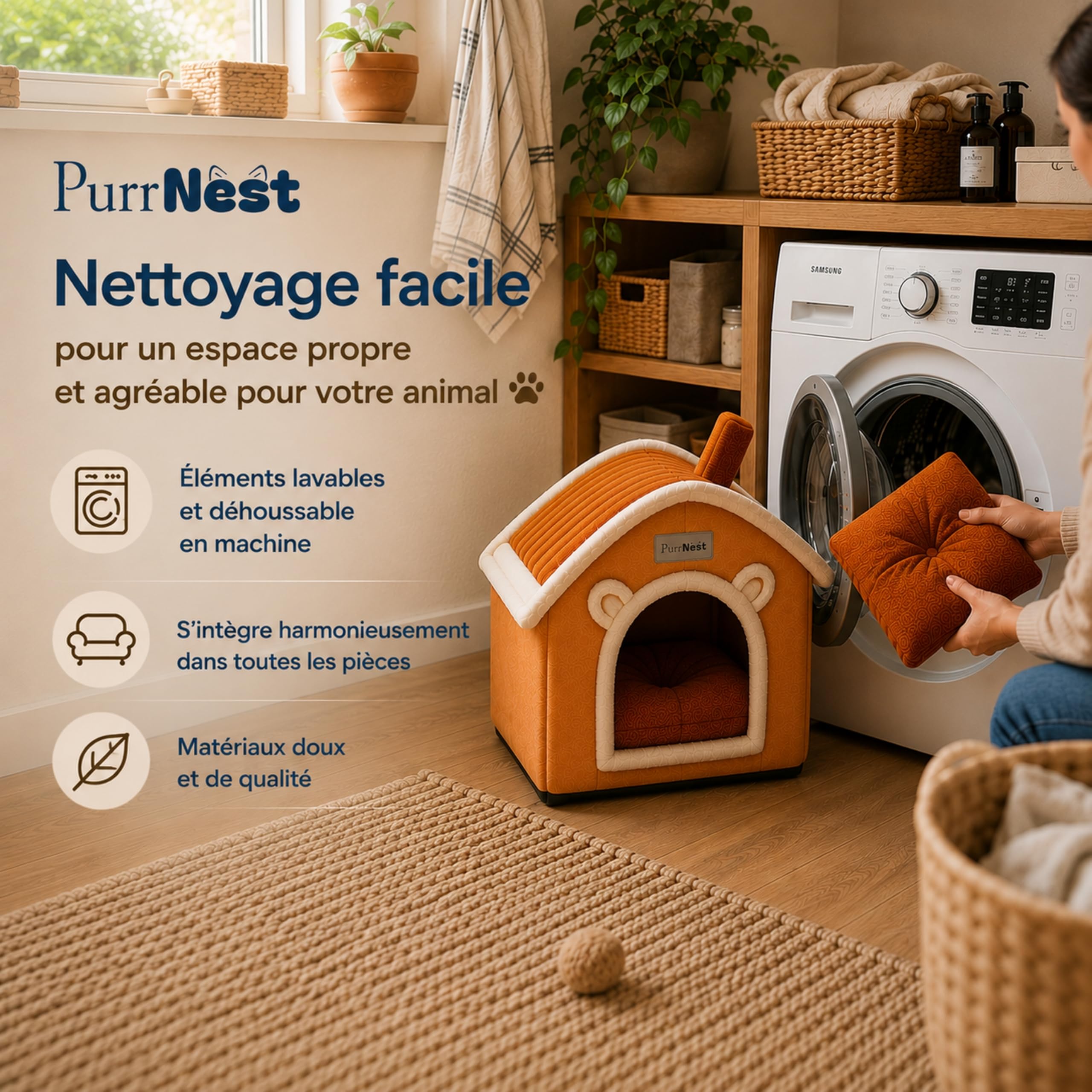 Maison Premium pour Chat, Niche Intérieure avec Coussin Doux Lavable, Couchage Cocon Confortable pour Chat et Petit Chien