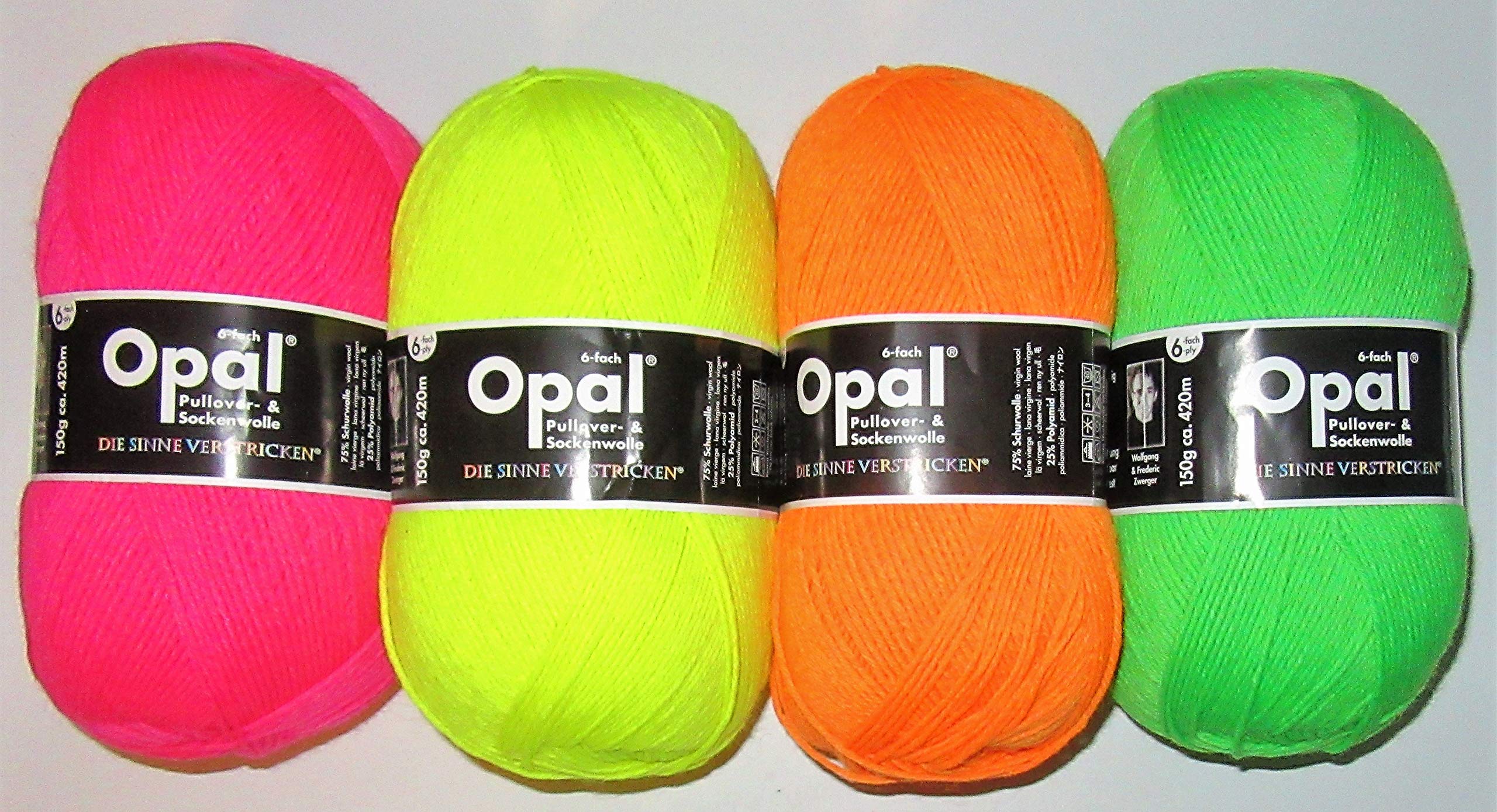 Opal Wolle Sockenwolle / 6 ply/fädig / 4 x 150g. / Neonfarben/Die Sinne verstricken/GP:9,26€-100g.