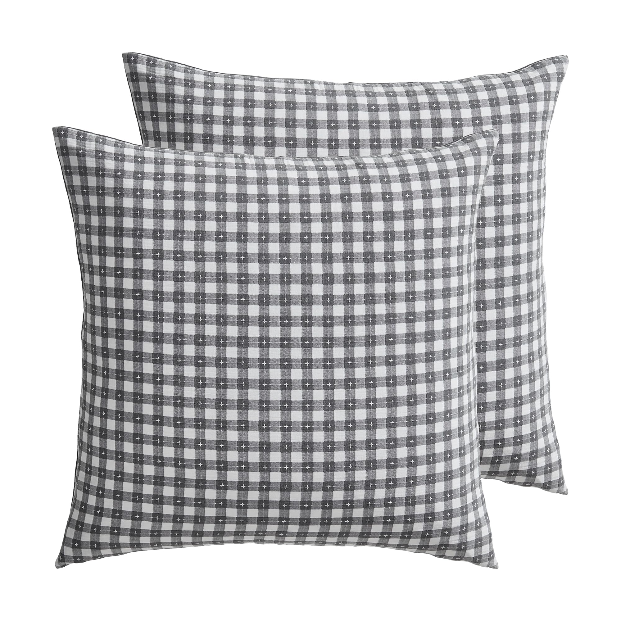 Levtex Home Camden Gingham Stitch Grey Euro Sham Set of 2-26x26in. - Grey and Ivory Gingham - Textured Cotton - Back Tie Closure - Inserts Not Included