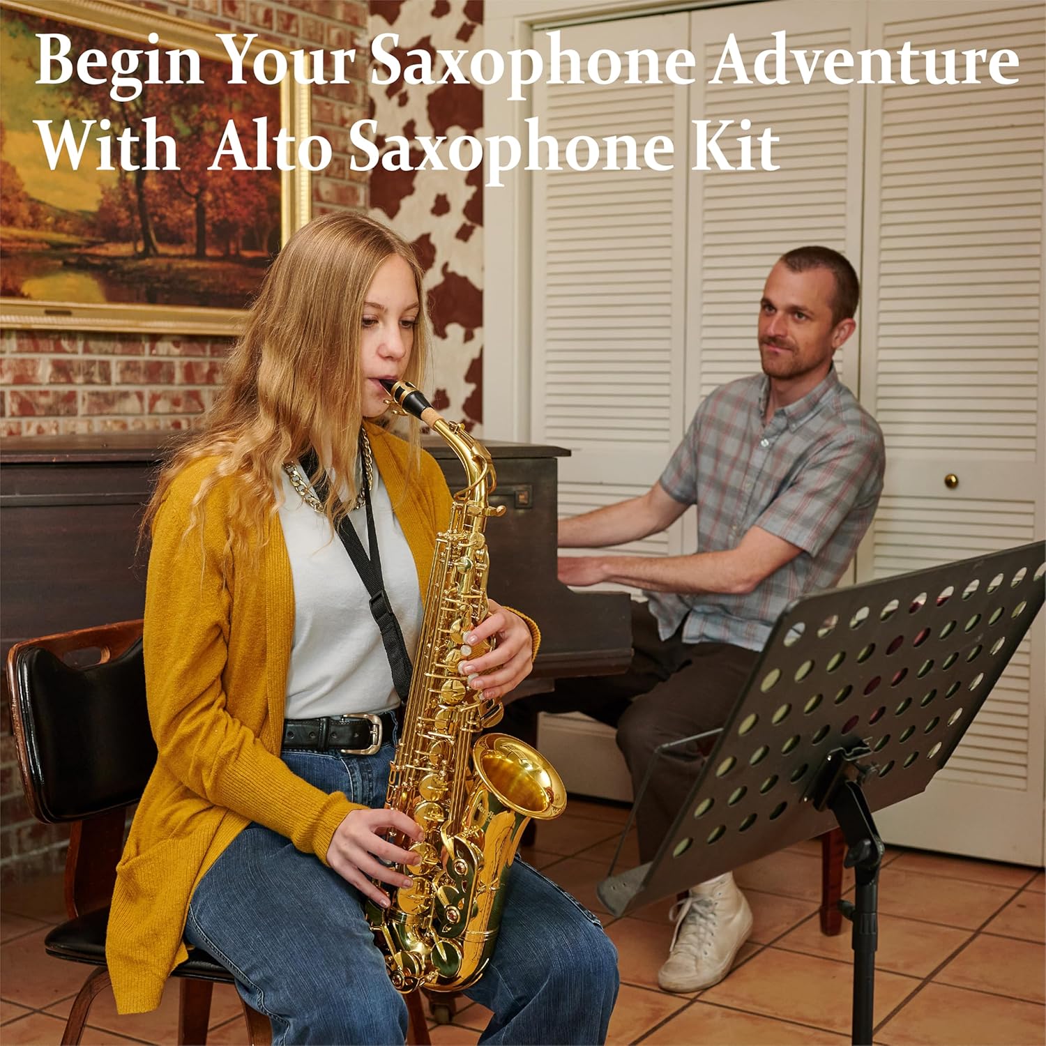 Mendini By Cecilio Alto Saxophone for Beginners, E Flat Alto Saxophone for Students Musicians with Tuner, Mouthpiece, Case, 10 Reeds, Grease, Cleaning Cloth & Rod, Gloves, Strap, Book (Red Gold)