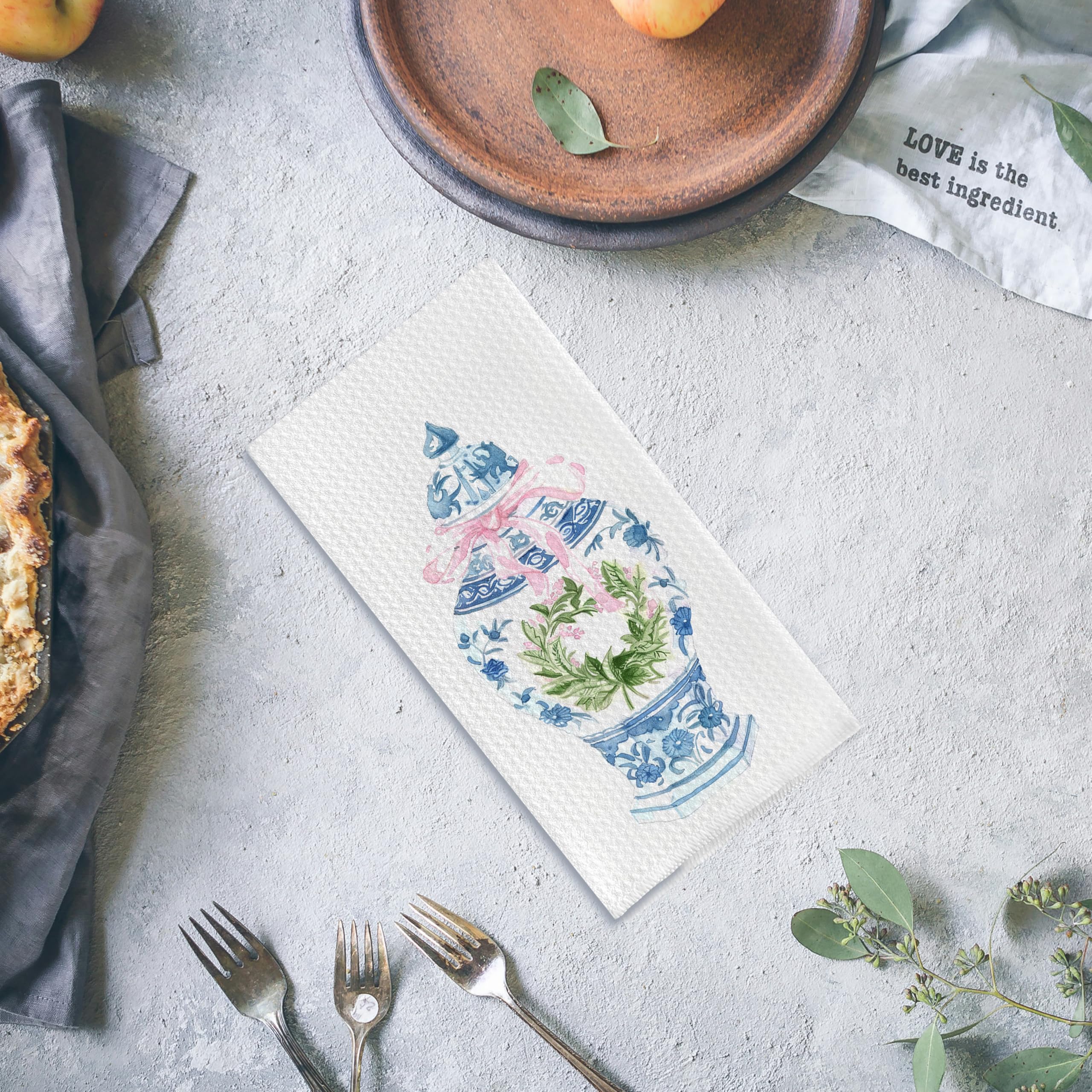 Toallas de cocina chinoiserie de porcelana azul y blanca, decoración de chinoiserie, paños de cocina con lazo de coqueta rosa para cocina, toallas de mano azules y blancas para baño, cocina, 16