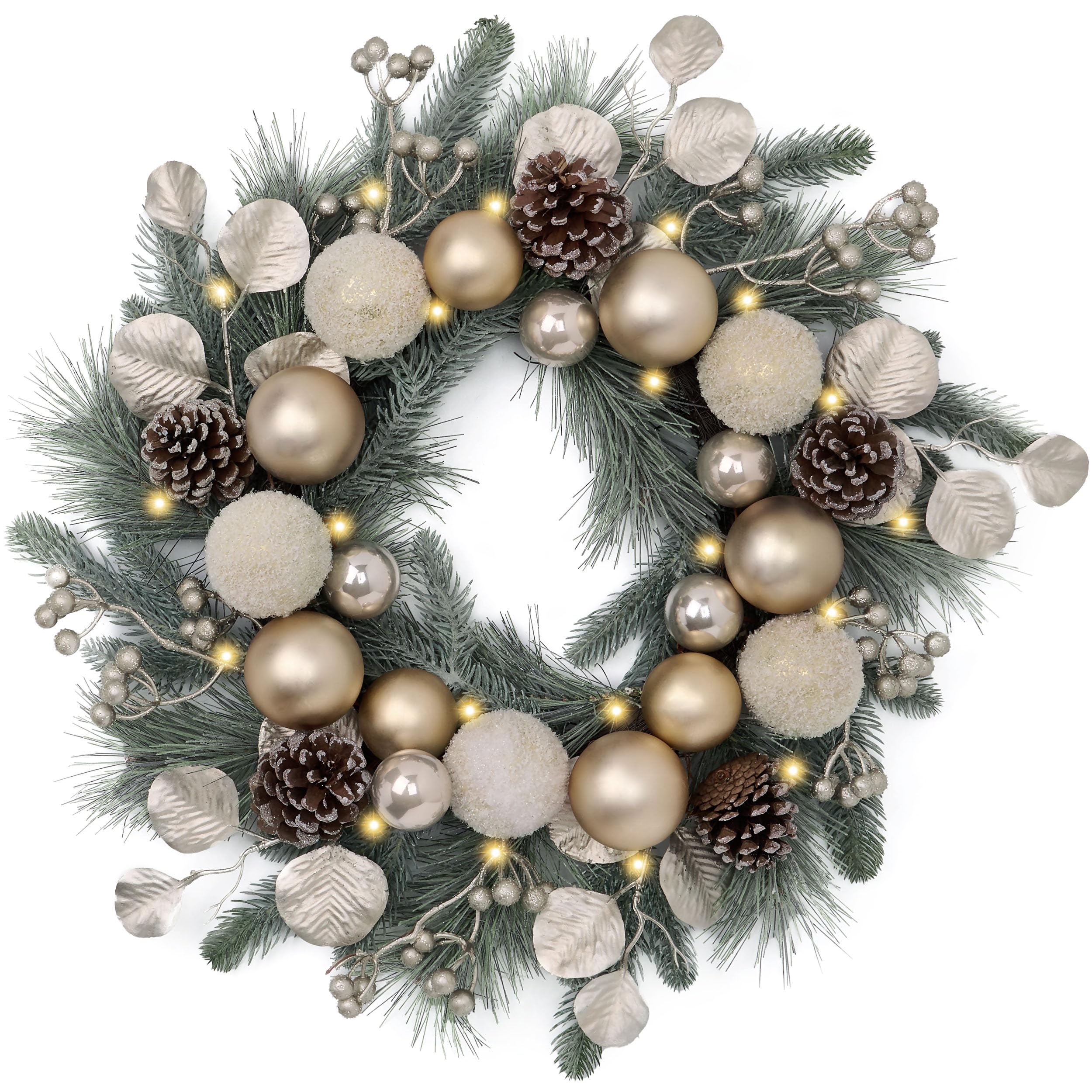 Valery Madelyn Couronne de Noël pré-éclairée de 50,8 cm pour Porte d'entrée avec lumières, Grande Couronne de Noël éclairée avec Boules de Noël dorées Champagne pour cheminée, fenêtre, Table