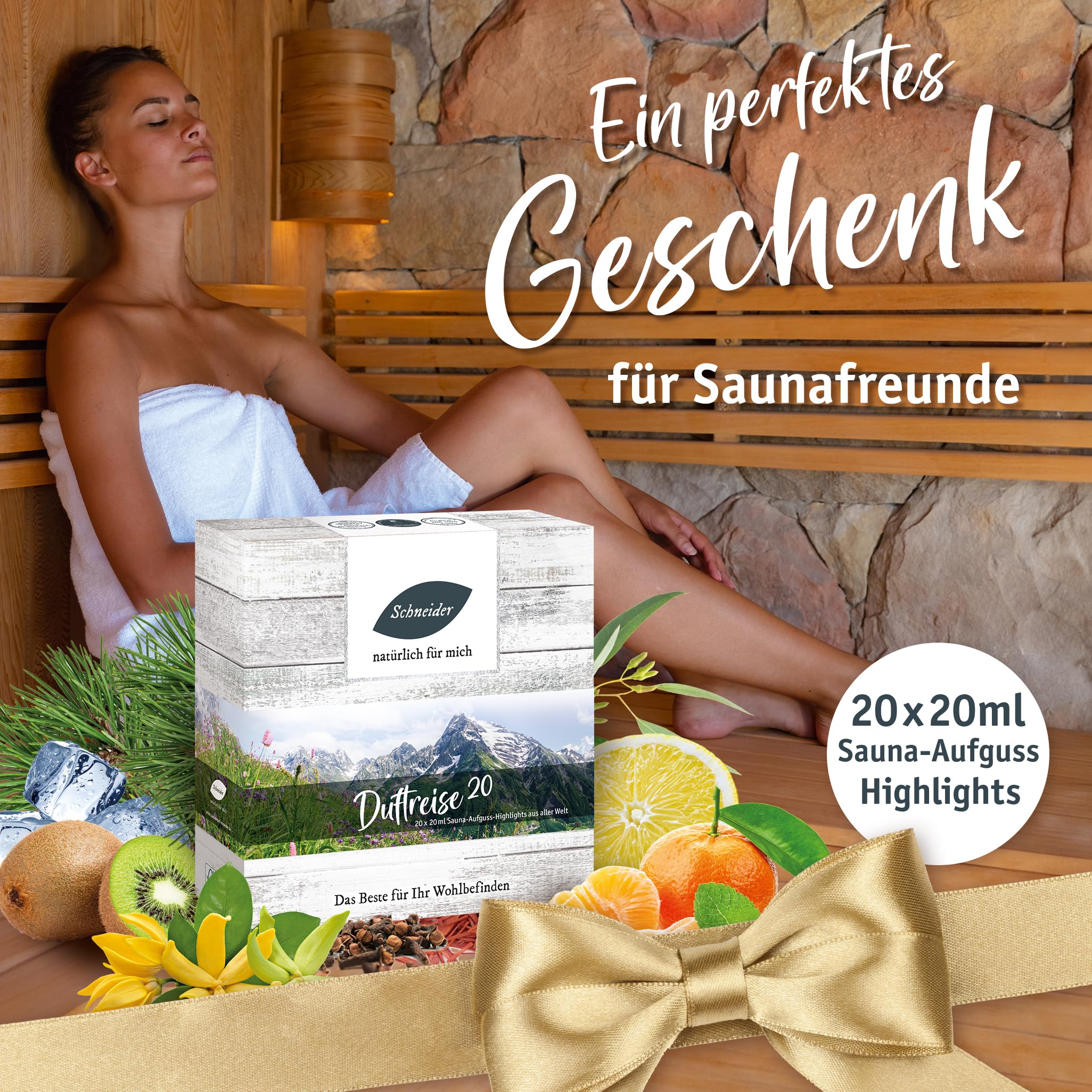 Saunabedarf Schneider Sauna Aufguss Set „Duftreise 20“: 20 x 20 ml, naturreine ätherische Öle, vielfältige Duftkompositionen aus aller Welt, Saunaaufguss Set Wellnessmomente & Abwechslung