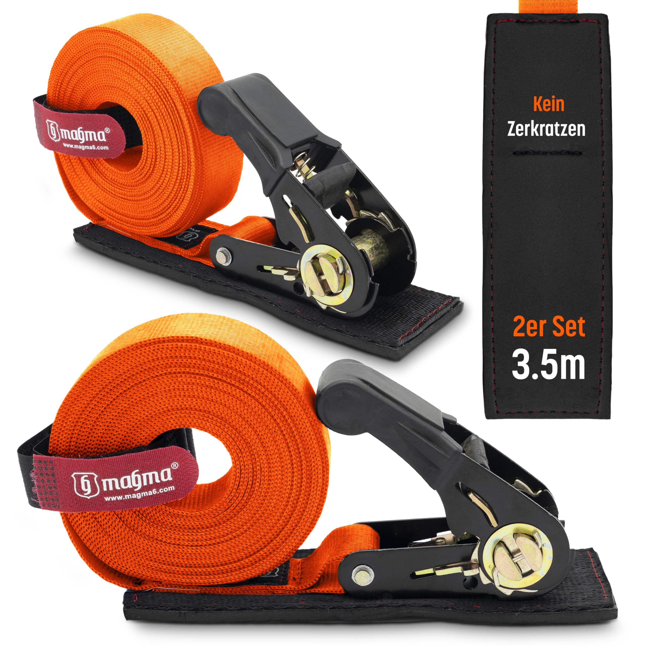 MAGMA | 2-Pack 3.5M Spanngurte Mit Ratsche und Kratzschutz | Zurrgurte mit Ratsche | Spanngurt Set | Ratschengurte | Binden Sie Kajak, Surfbrett, Kanu, Fahrrad, Motorrad | Last: 1600kgf/Unit. Schwarz