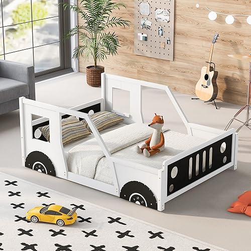 MERITLINE Cama de suelo para niños, cama completa en forma de automóvil con ruedas, marcos de cama matrimonial de madera con puertas y ventanas,