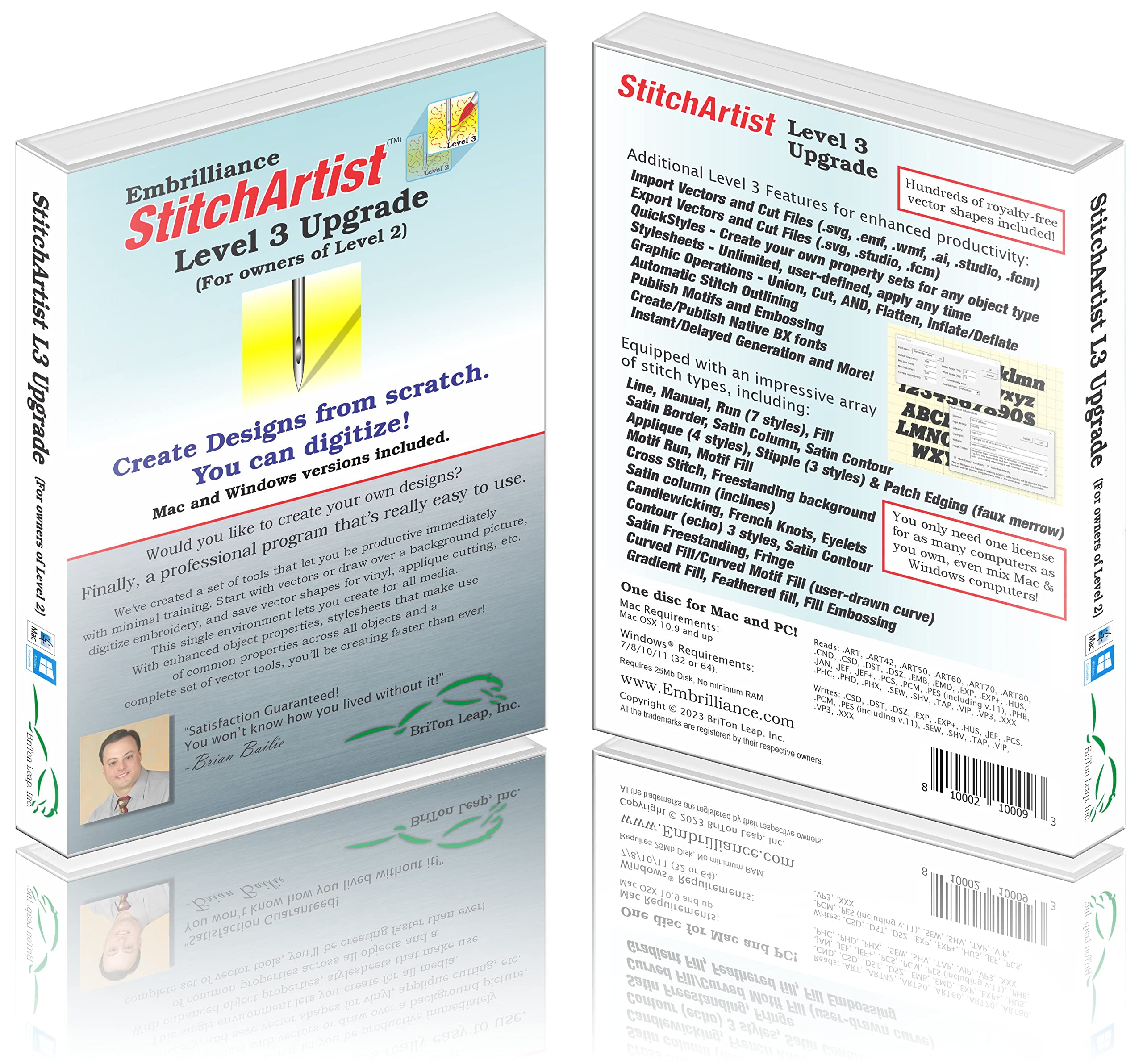 Embrilliance StitchArtist Logiciel de broderie numérique niveau 2 à niveau 3 pour Mac et PC