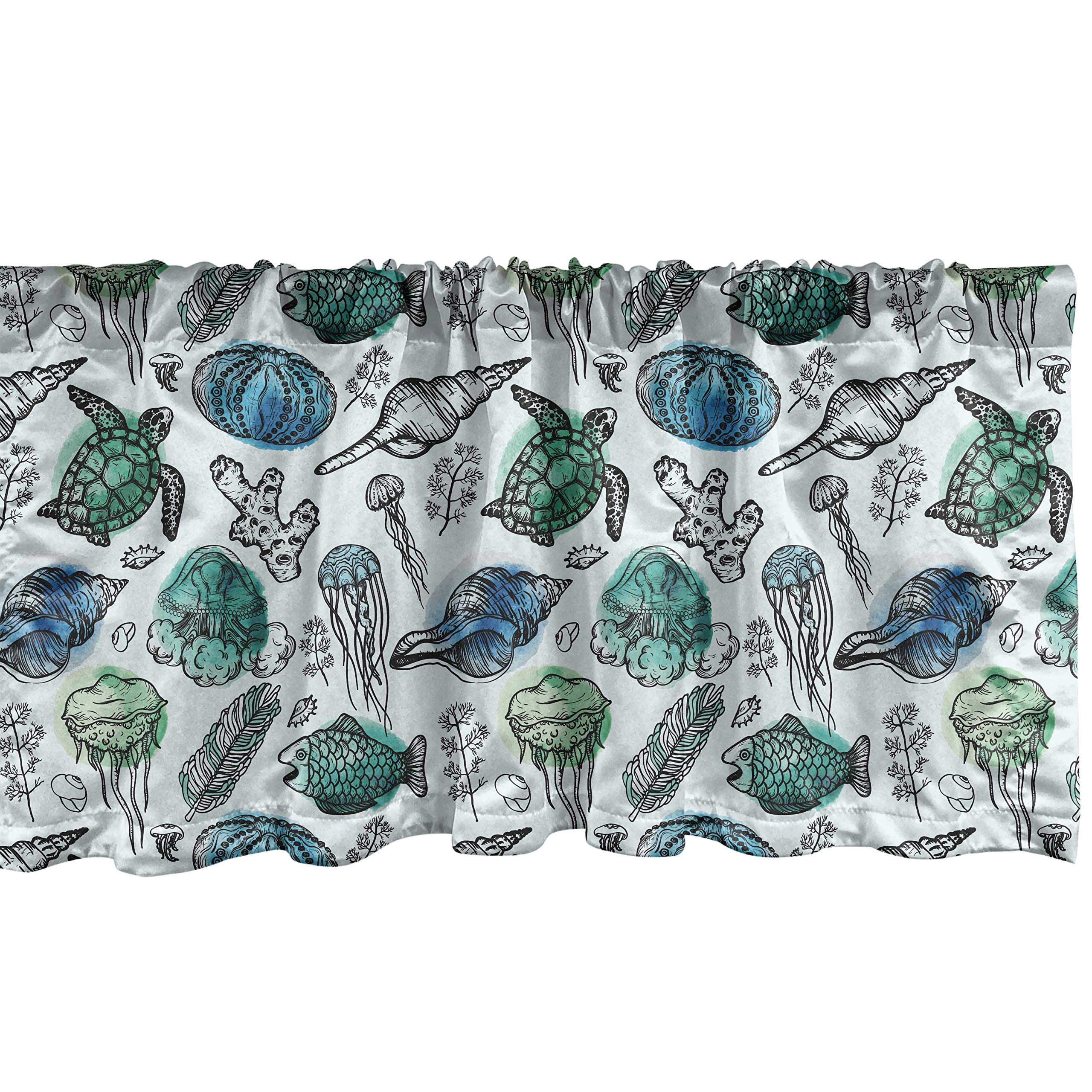 Lunarable Sea Turtle Window Valance, Nautical Pattern of Continuous Shells Corals Jellyfish, Curtain Valance for Kitchen Bedroom Decor with Rod Pocket