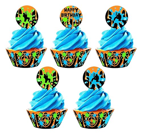 Miniatura 3 de Paintball - Decoración para cupcakes y envoltorios para cupcakes, 24 adornos para cupcakes y 24 envoltorios para cupcakes, decoraciones de fiesta de