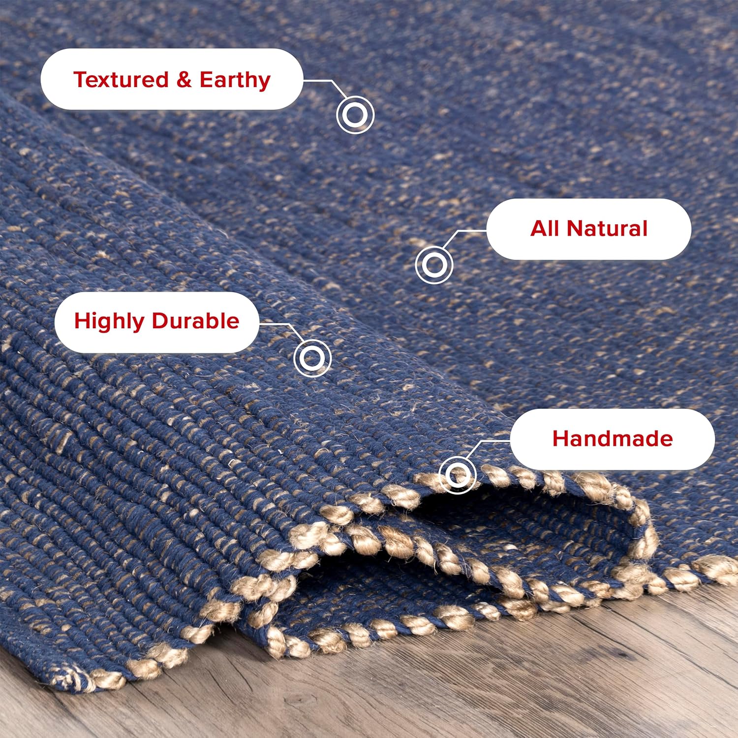 nuLOOM 3x5 Elfriede Jute & Cotton Hand Woven Area Rug, Blue, Solid Rustic Farmhouse Style, Weaved Design, Natural Fiber, For Bedroom, Living Room, Dining Room, Hallway, Office, Entryway