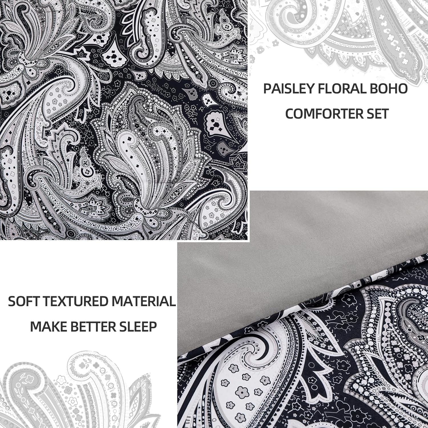 DJY Black Paisley Comforter Set King Size, 7 Piece Bed in a Bag Black Gray Boho Paisley Pattern Comforter Set, Soft Lightweight Microfiber Reversible Bedding Set for All Season (104''x90'') - Image 5