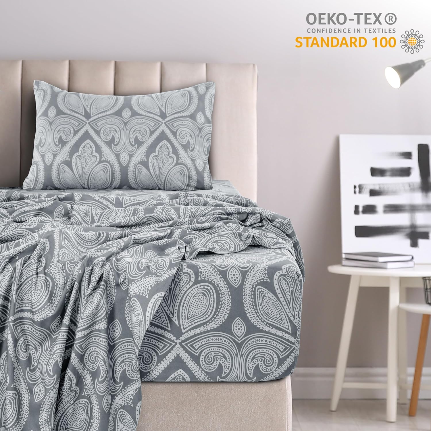 Hannah Linen Paisley Twin Sheet Set, 3 PC Soft Microfiber Wrinkle Free Sheets - Luxurious Printed Bed Sheets Includes Flat Sheet, Fitted Sheet with Deep Pockets, & Pillowcase - Grey