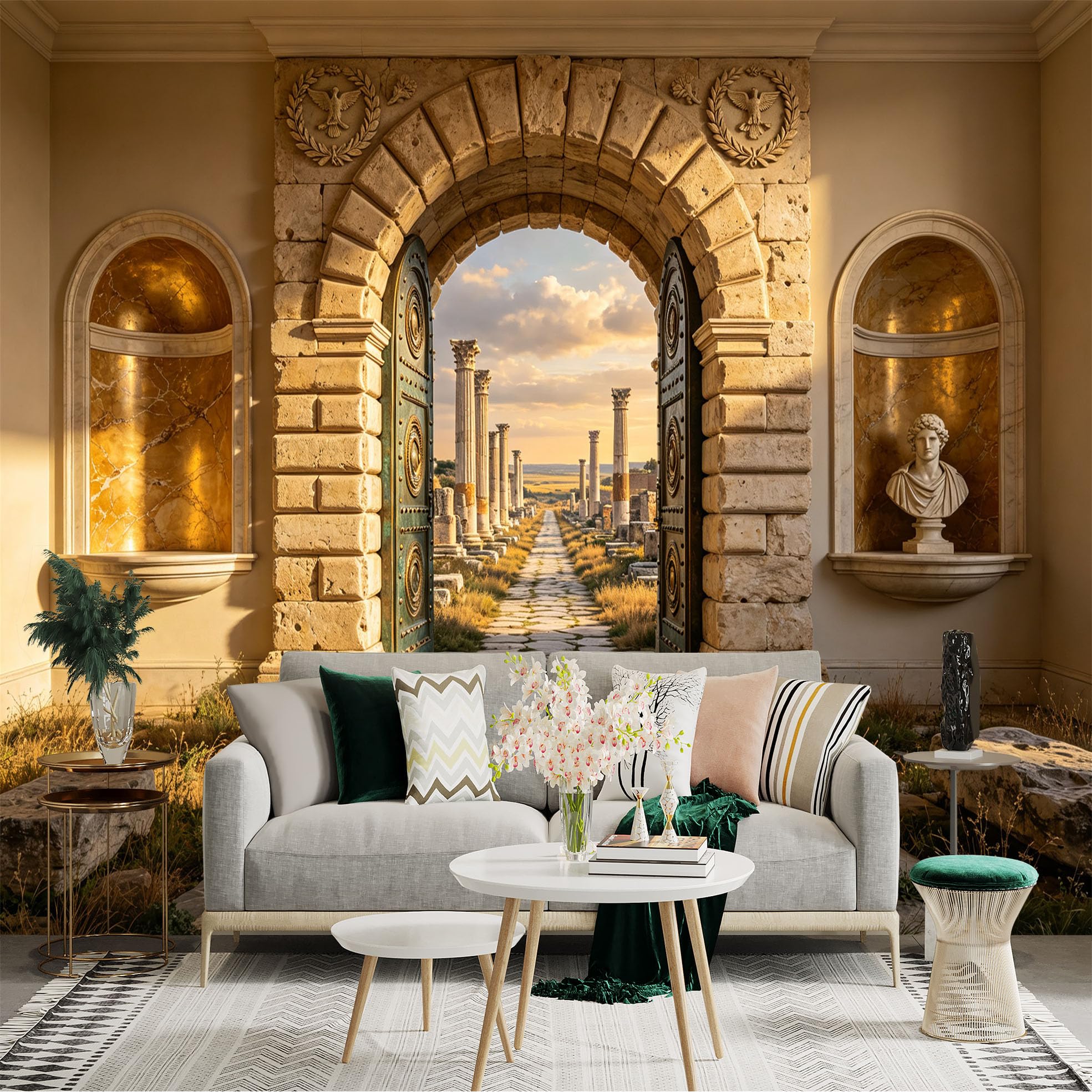 Custom Size Wall Sticker Mural， Ancient Stone Archway with Classical Columns and Ruins Landscape， for wall Decoration， peelandstick wall Decals.