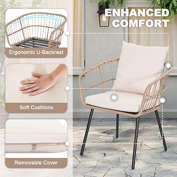 NUU GARDEN 3 Piece Patio Bistro Set, All-Weather Rattan Balcony Furniture Sets, Wicker Bistro Table and Chairs Set of 2 for Porch, Backyard, Lawn, Poolside, Deck, Beige