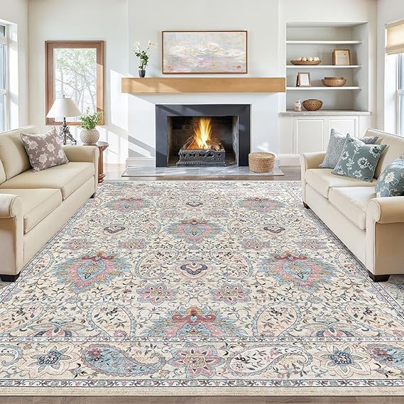Tortania Area Rug Living Room Rugs - 8x10 Washable Boho Rug Vintage Oriental Distressed Farmhouse Large Thin Indoor Carpet for Living Room Bedroom Under Dining Table Home Office - Pink Blue
