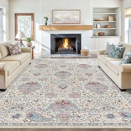 Tortania Area Rug Living Room Rugs - 8x10 Washable Boho Rug Vintage Oriental Distressed Farmhouse Large Thin Indoor Carpet for Living Room Bedroom Under Dining Table Home Office - Pink Blue