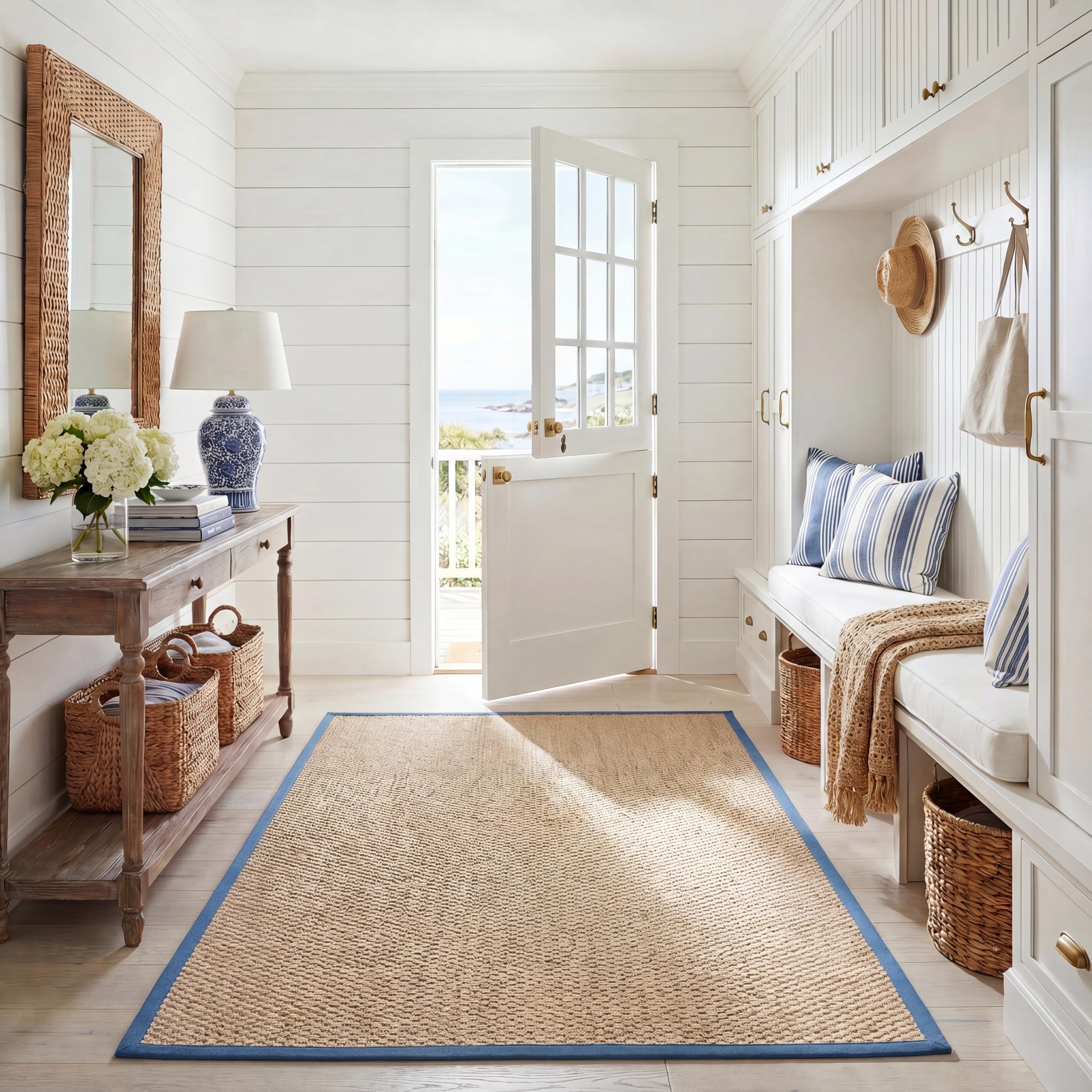 SAFAVIEH Area Rug 6x9 - Natural Fiber Collection - Natural & Navy, Seagrass, Basketweave Pattern with Border