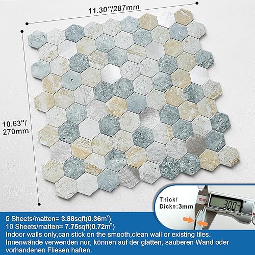 Miniatura 5 de MOFIT Hexagon Peel and Stick Backsplash Tiles Kitchen,Self-Adhesive Metal and Marble Honeycomb Peel and Stick Wall Tiles Sticker Mosaic Heat