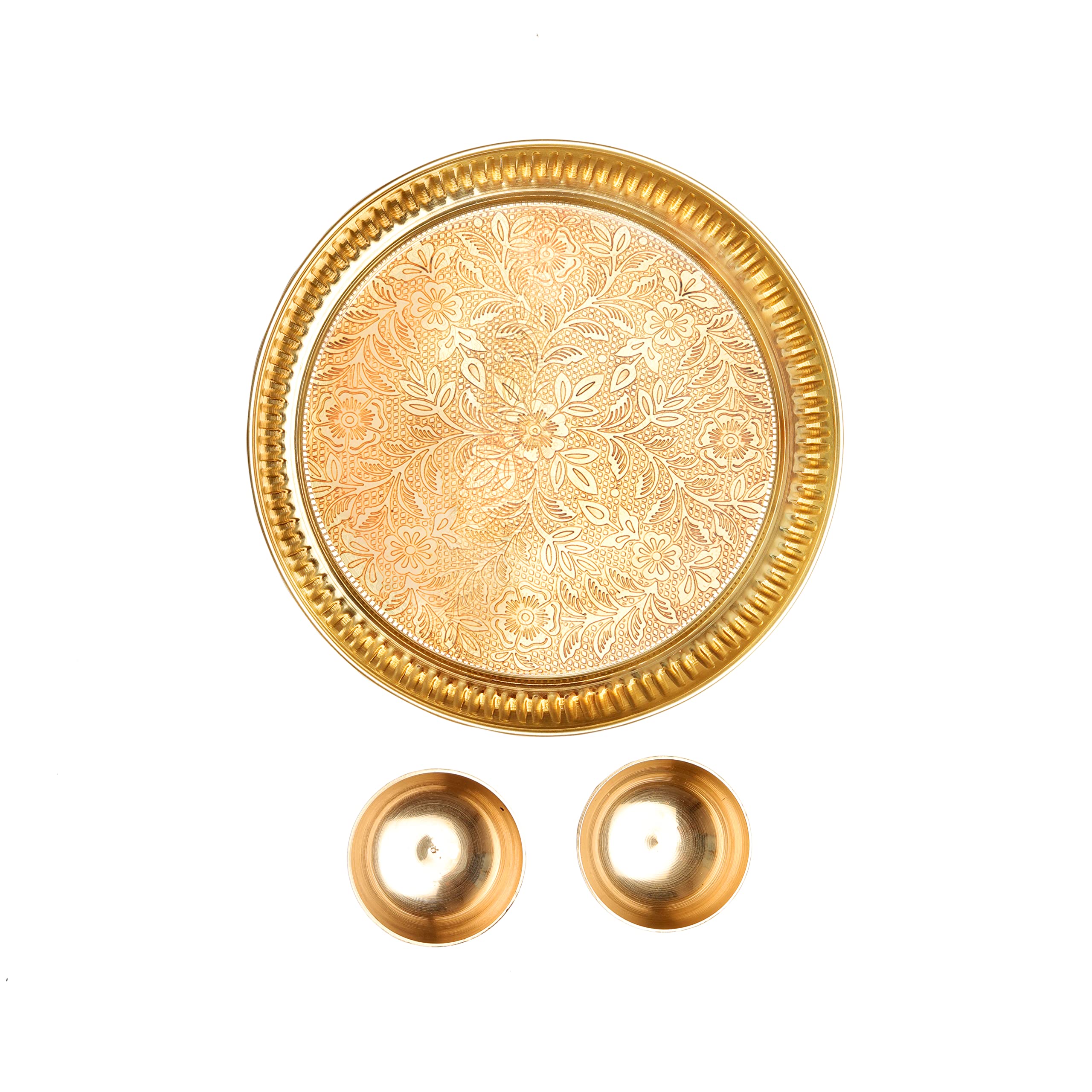Decorative Brass Thali Plate Indian Brass Thali Prasad Plate with 2 Katori Bowl Patra for Pooja Utensils Indian Traditional Decorations (Thali Size:-8