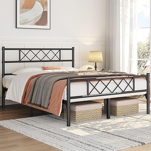 Miniatura 21 de Topeakmart Base de cama de metal negro con cabecero, base de colchón, cama de plataforma, base de cama con listones, tamaño individual Negro -,Blanco