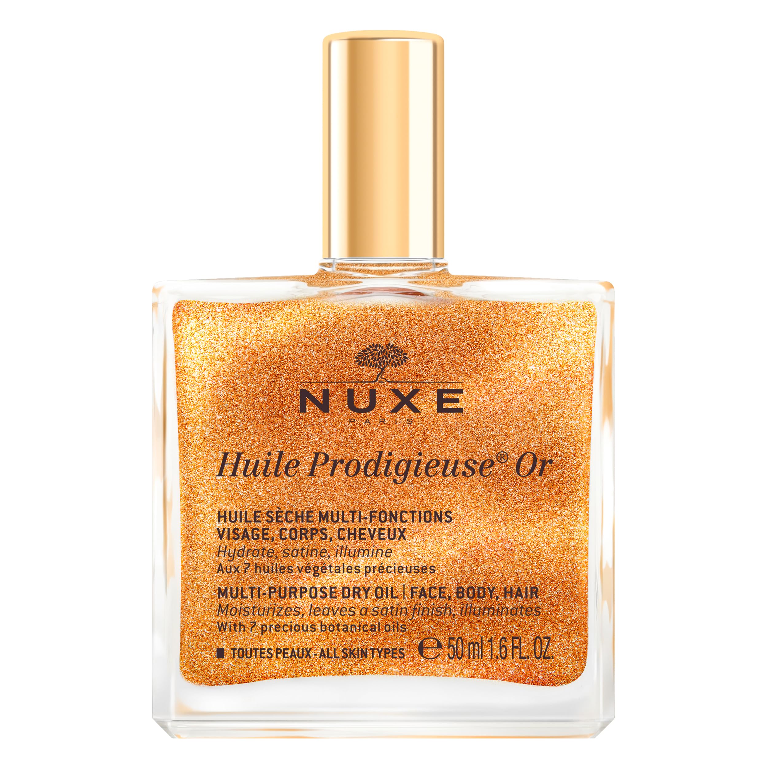 NUXE Huile Prodigieuse Shimmering Dry Oil 50ml, Gold-Flecked Dry Oil, Illuminates & Softens Face, Body & Hair, Multi-Purpose Nourishment, Vegan Formula