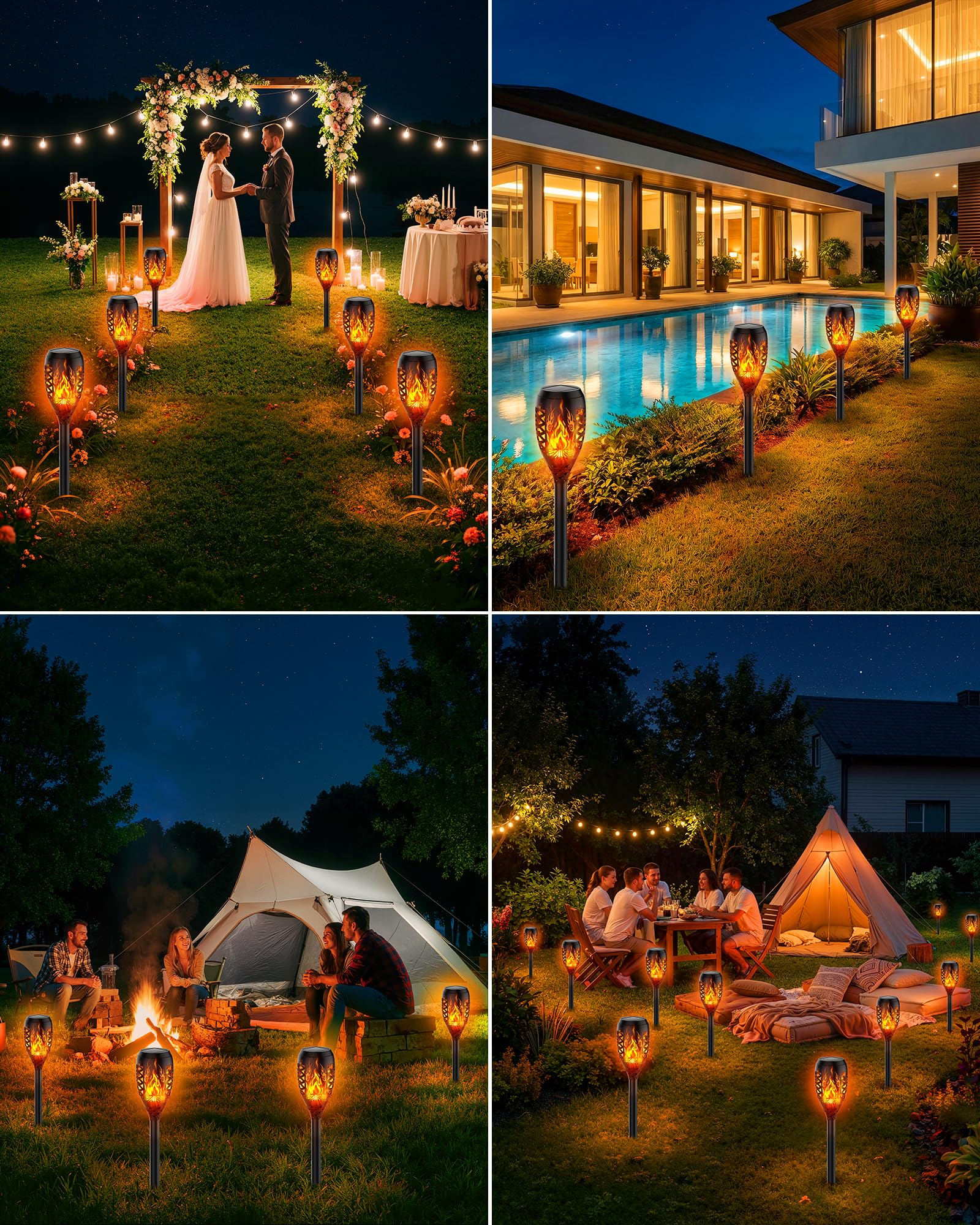 Lampes Solaires de Jardin pour Extérieur, [10 Pièces] Design Feu de Camp, Torches Solaires IP44 Étanches, Lampe Solaire pour Jardin, Allées, Cours, Pelouse