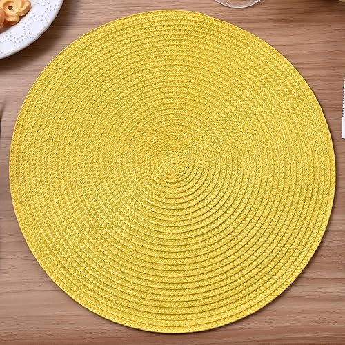 Miniatura 9 de Feuille Juego de 4 manteles individuales redondos trenzados para mesa de comedor, tejidos, lavables, antideslizantes, 13.5 pulgadas (amarillo, 4