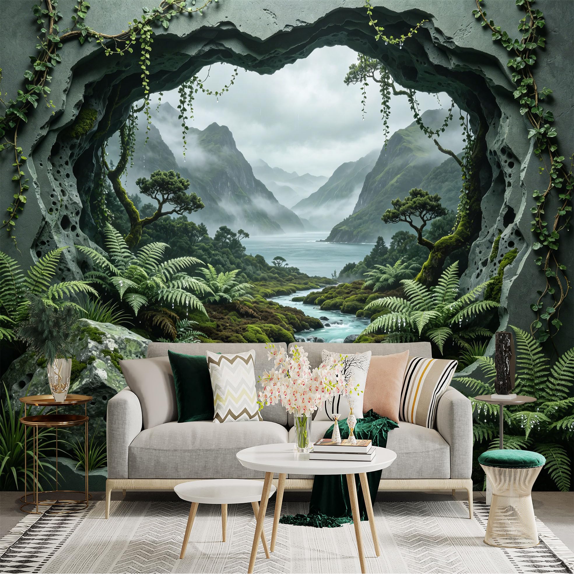 Custom Size Wall Sticker Mural， Lush Green Valley with River， Misty Mountains and Ferns， for wall Decoration， peelandstick wall Decals.