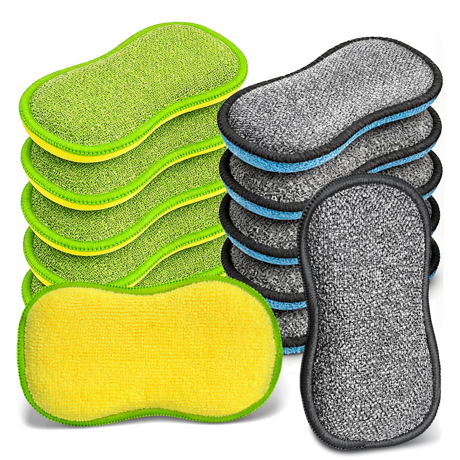 Washing Up Sponge 12 Pack,Microfiber Kitchen Dish Scrub Sponges, Reusable Dual-Sided Heavy Duty Non-Scratch Cleaning Scourers Sponge for Dishes, Pots, Pans, Stovetop & Sink