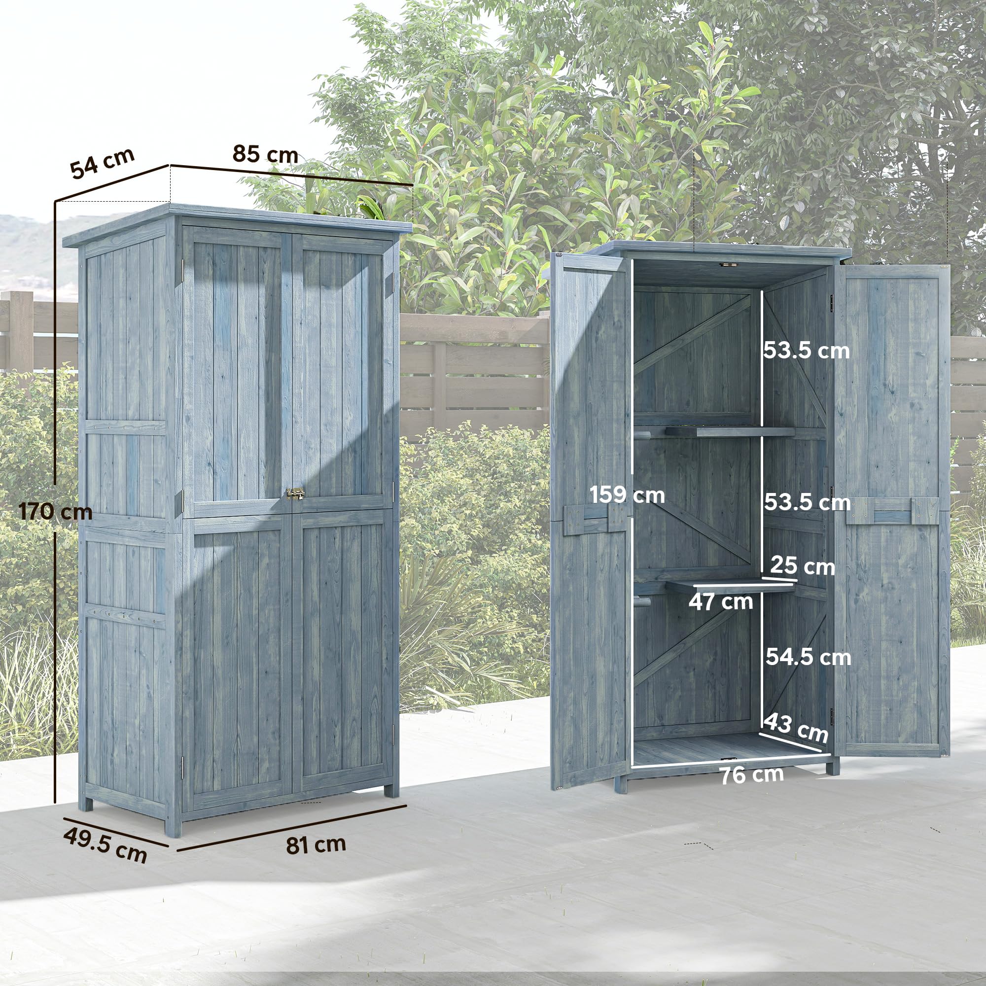 Outsunny Armadio da Giardino in Legno di Abete con Kit Antiribaltamento, Casetta Porta Attrezzi da Esterno con 2 Ante Bloccabili, 2 Ripiani, 10 Ganci, Tetto Inclinato Asfalto, 85x54x170 cm, Grigio
