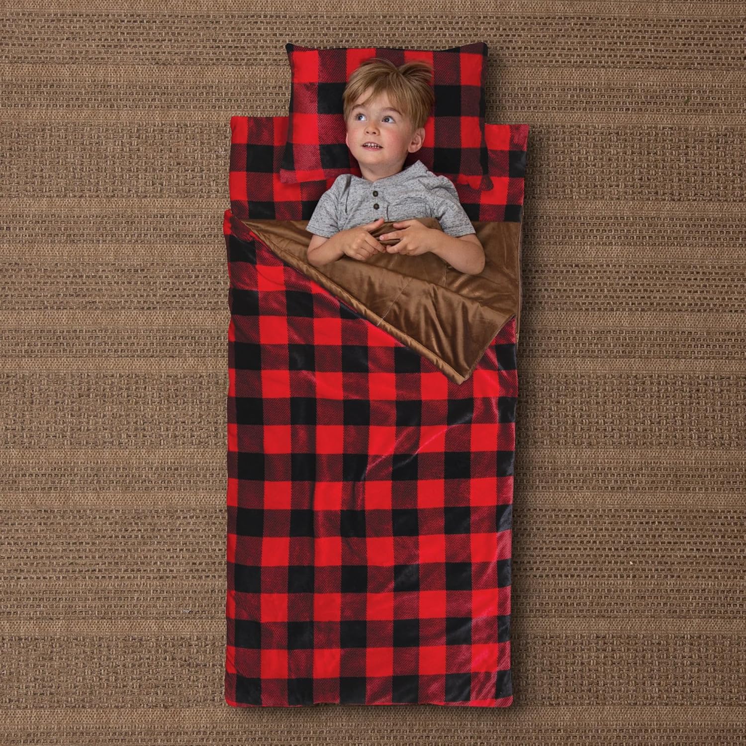 Carstens, Inc. Kids Slumber Bag Sleeping Bag/Nap Mat with Pillow for Boys & Girls, Red Buffalo Plaid