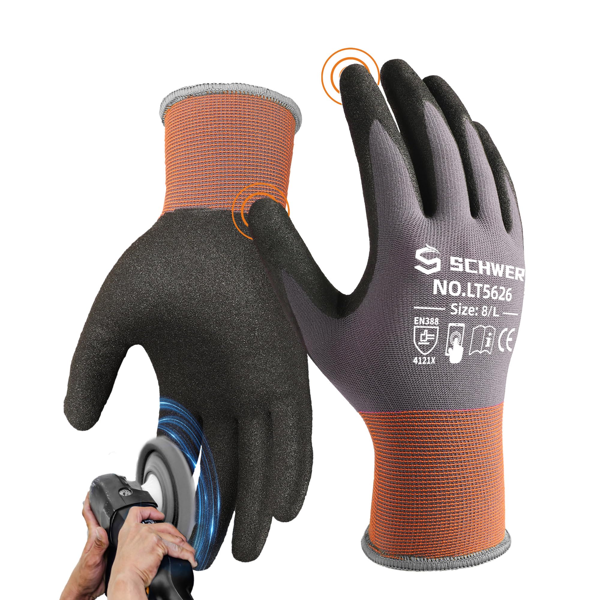 Schwer 12 Pairs Safety Work Gloves Sandy Nitrile Coated LT5626, Level 6 Abrasion Resistant (Certified) Heavy Duty Working Gloves with Grip for Men