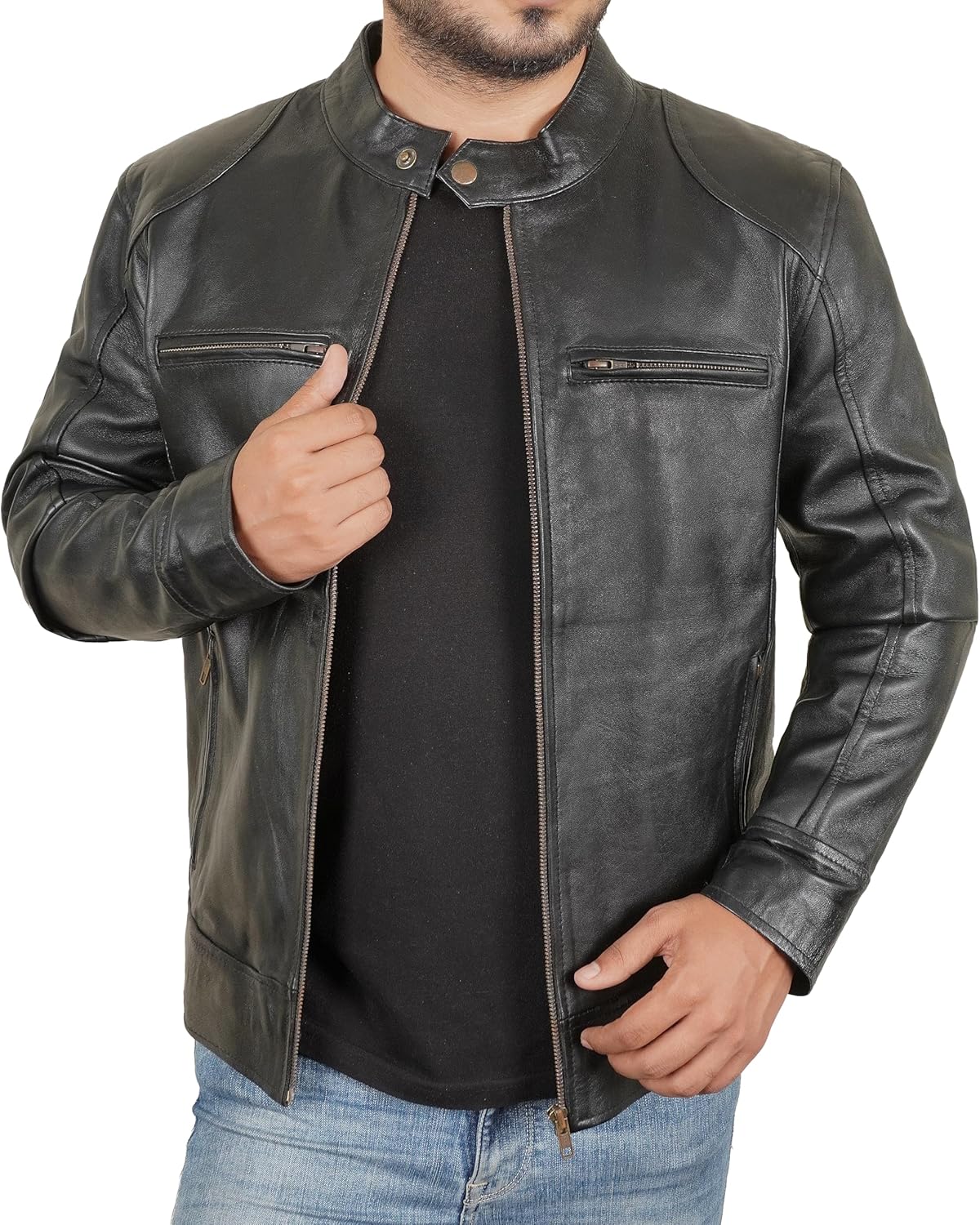 Real Lambskin Leather Jacket Men - Biker Style Zip Up Mens Motorcycle Jackets Outerwear - Image 3