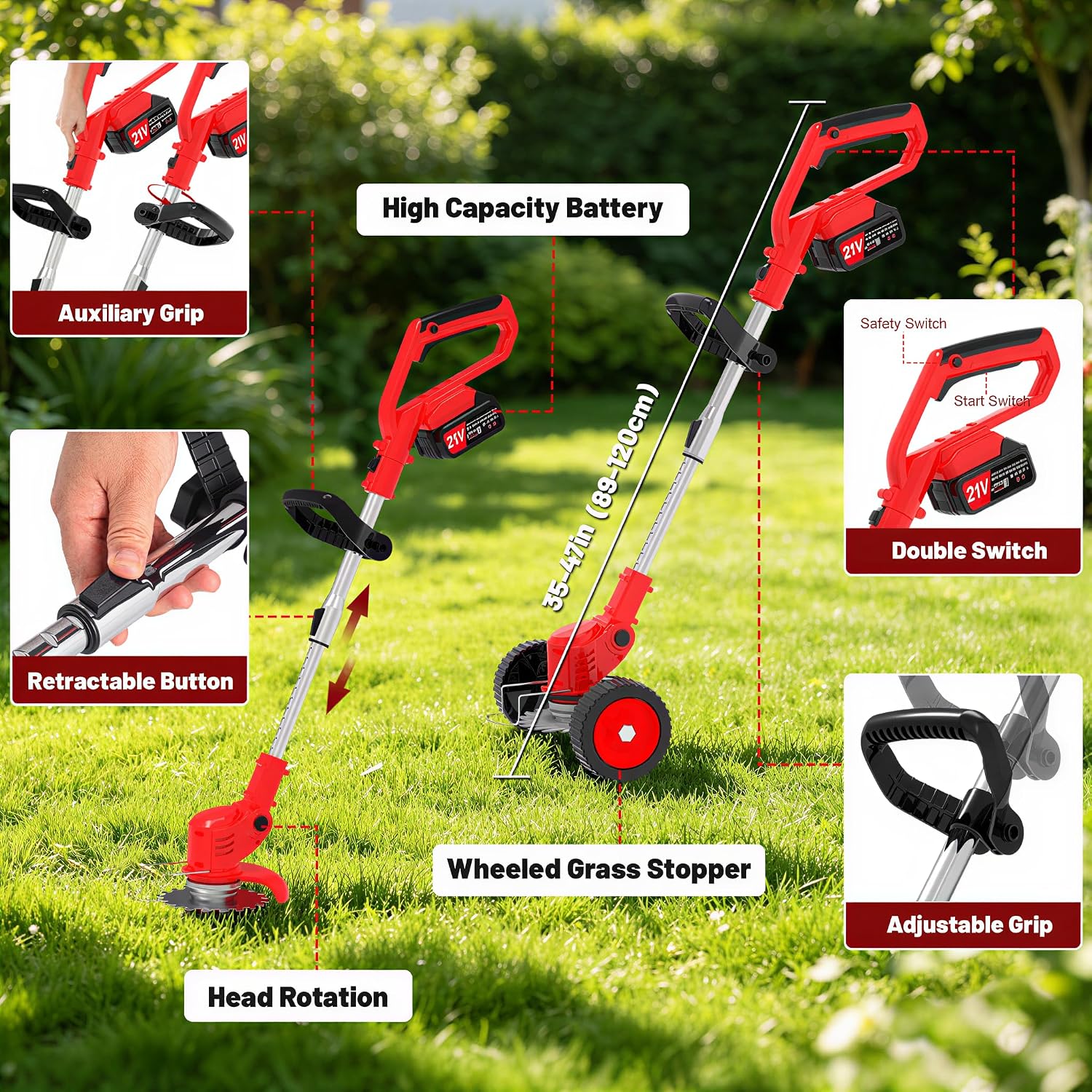 Electric Weed Wacker Cordless Eater, 21V No String Trimmer Battery Powered,3 In 1 Lightweight Grass Trimmer/Brush Cutter/Lawn Edger with Wheels and Metal Blade, Stringless Weed Trimmer for Yard Garden