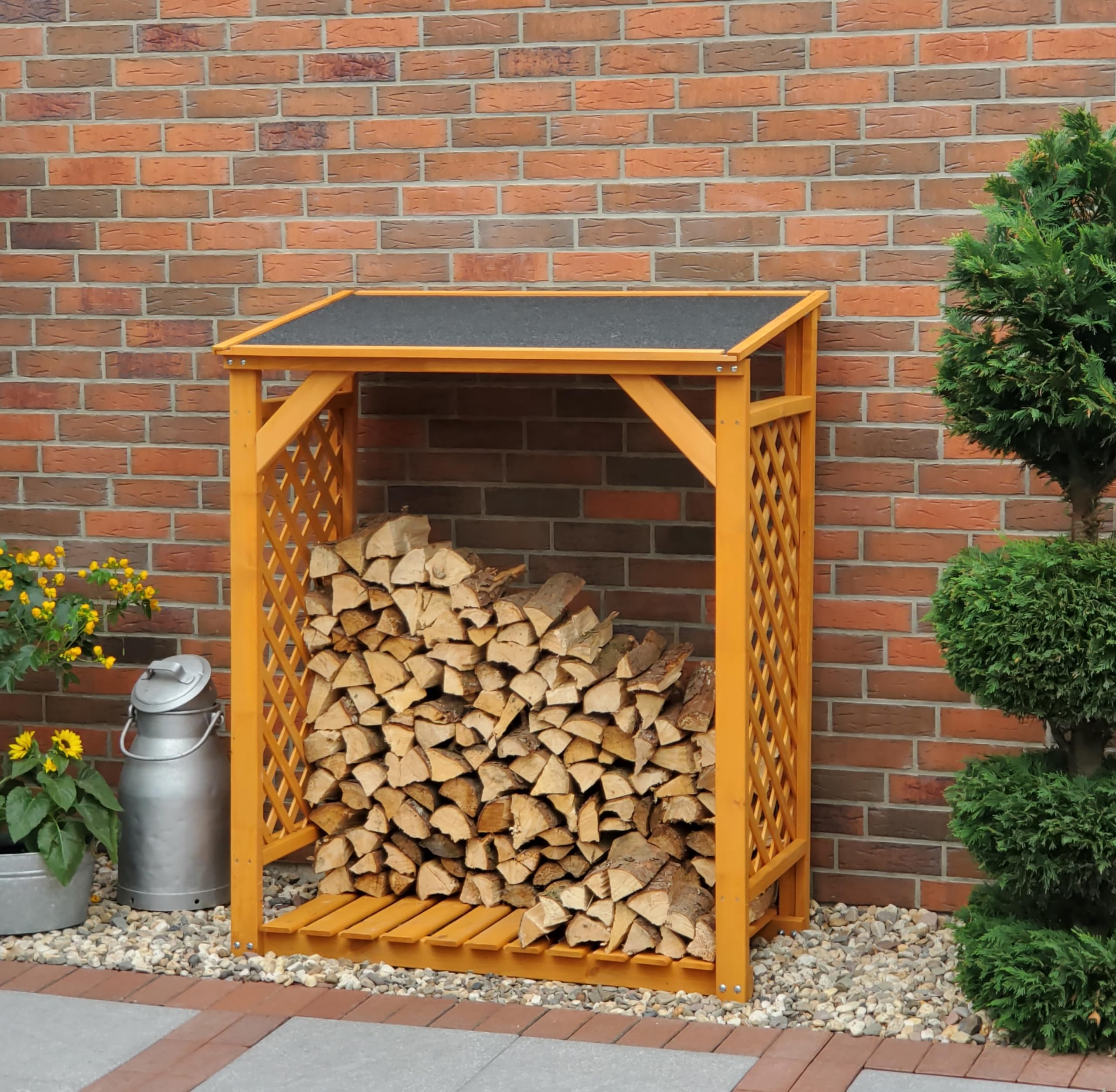Callow Retail Premium Log Store - Honey Brown Sturdy Wood Rack for Log Storage, Firewood Storage Shed with Felt Roof
