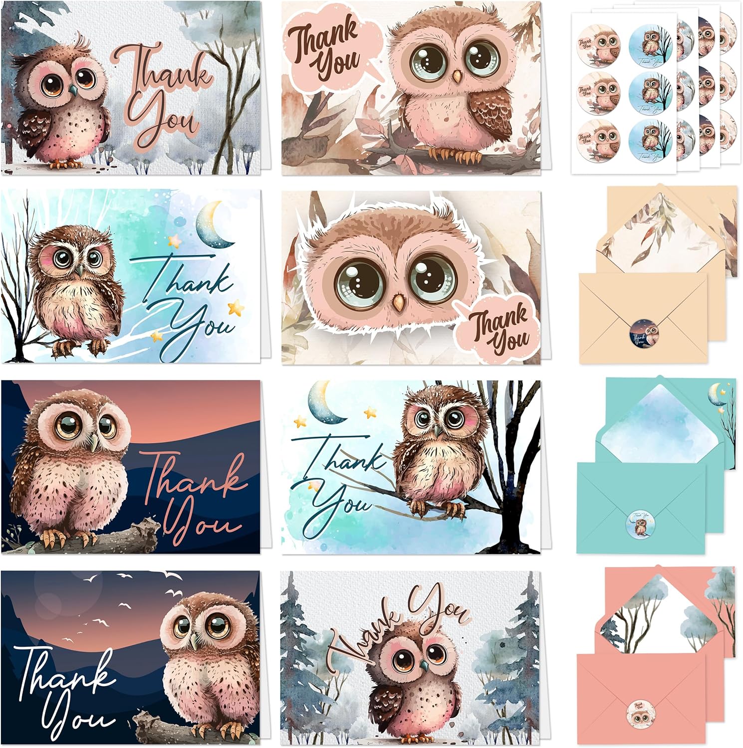 Amazon.com : Decorably 24 Pack 6x4in Owl Thank You Cards with Envelopes ...