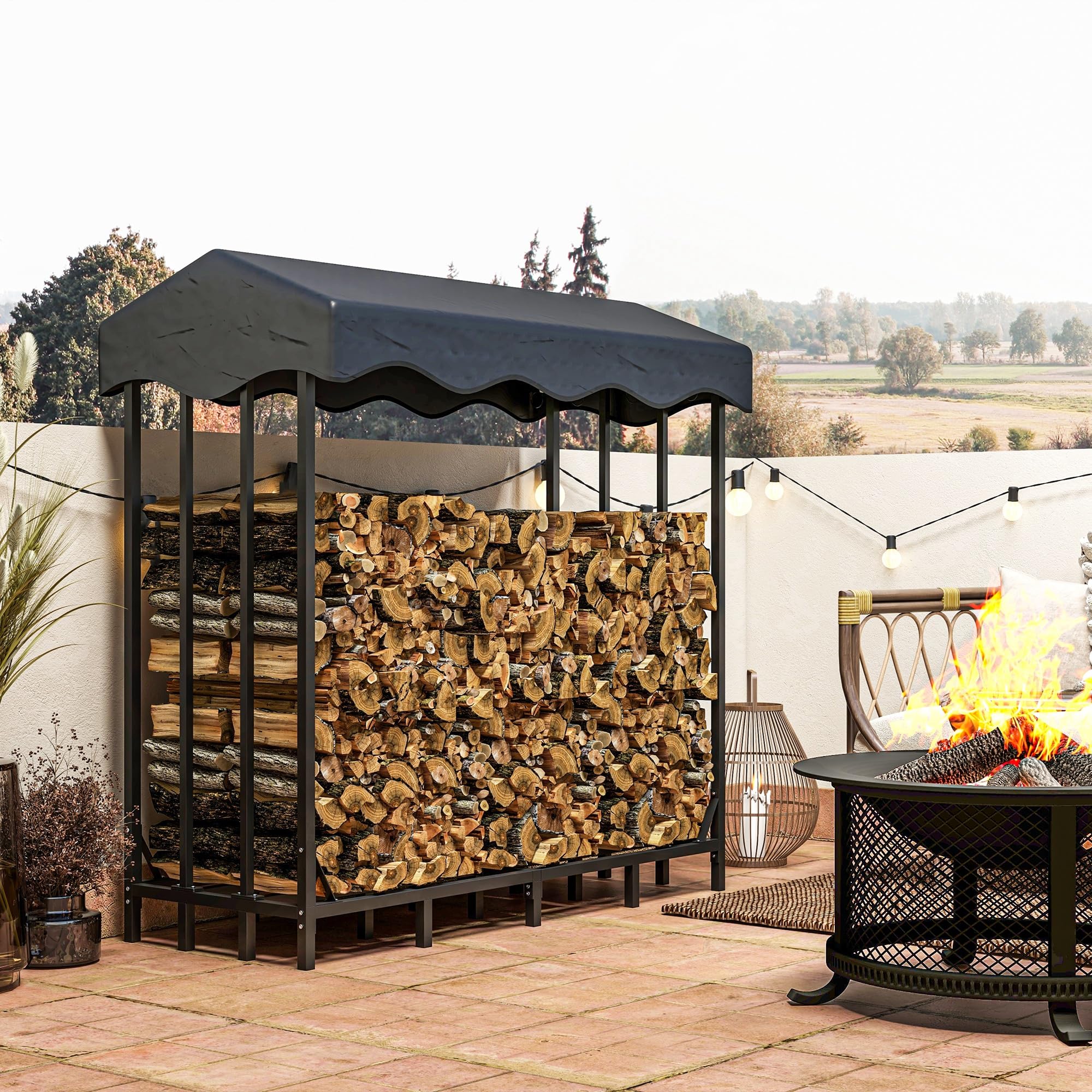 Outsunny Soporte para Leña con Cubierta 143x70x145 cm Leñera de Exterior Estante de Leña de Metal con Estructura Reforzada Impermeable Carga 1200 kg para Interior y Exterior Negro
