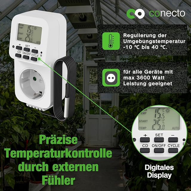Foto 2 de 8 de conecto Toma de termostato Digital, con Sensor Externo y Temporizador, para terrario, Invernadero, ahumador
