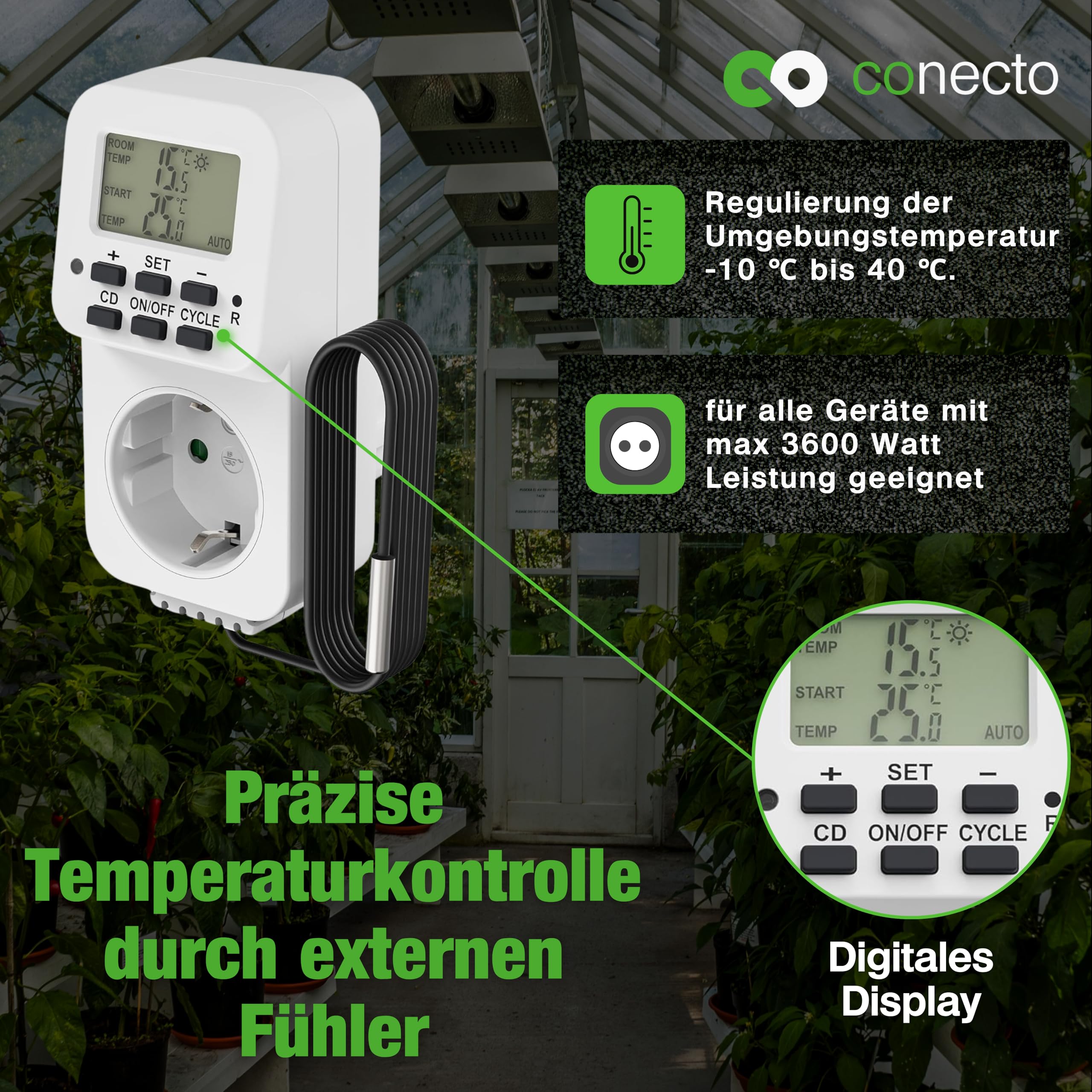conecto Prise de Thermostat numérique avec capteur Externe et minuteur pour Terrarium, Serre, fumoir, Chauffage, régulateur de température, de Gel, 3600 W, Blanc